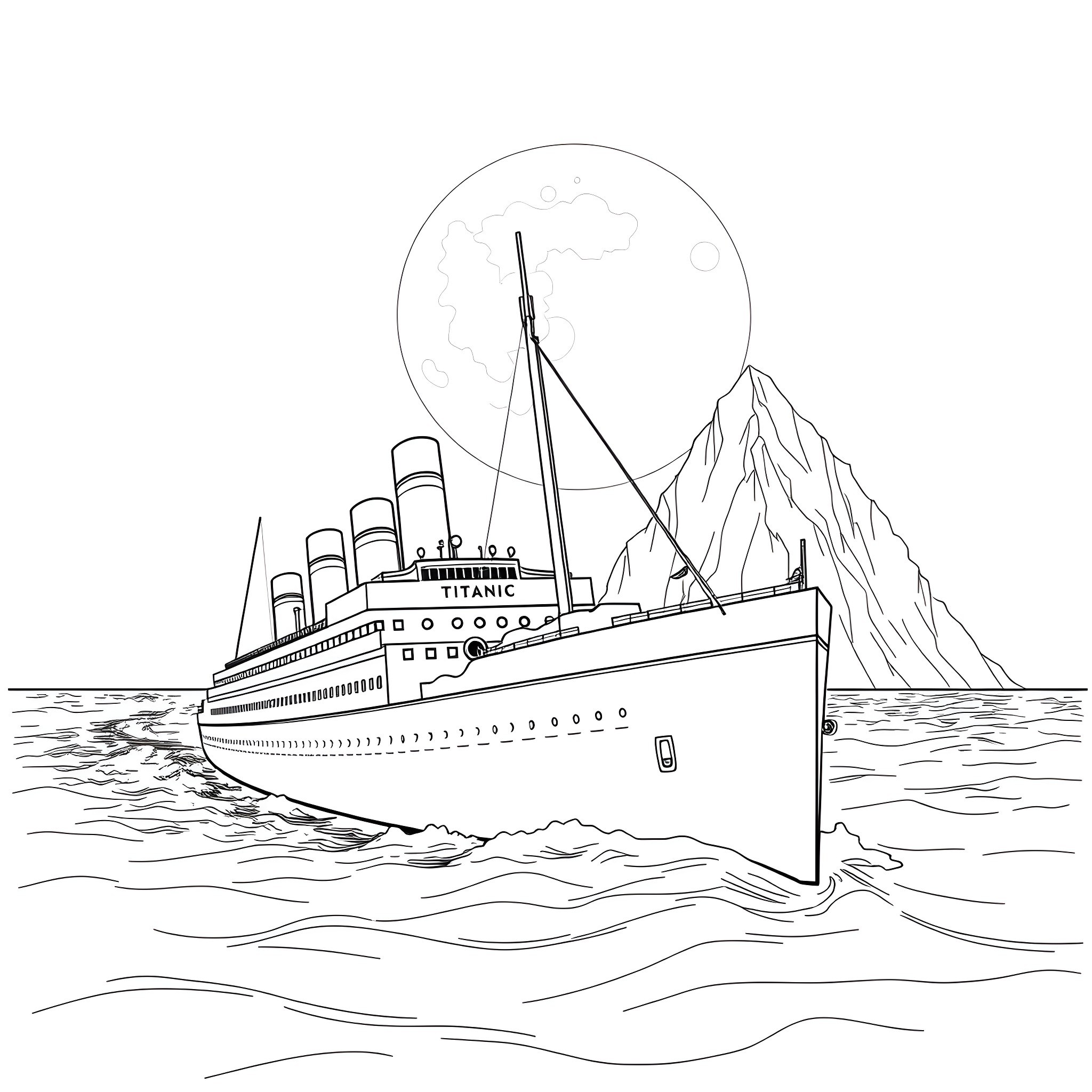 Titanic sailing through icy waters towards snowy mountains Coloring Page (free black-and-white line drawing printable PDF for all, from beginners to advanced learners, including children, teens, adults, and seniors)