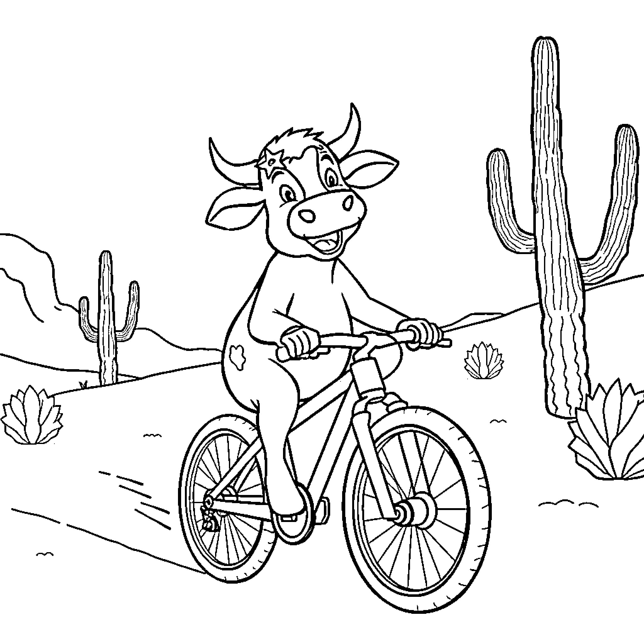 Cow riding a bicycle in the desert Coloring Page (free black-and-white line drawing printable PDF for all, from beginners to advanced learners, including children, teens, adults, and seniors)