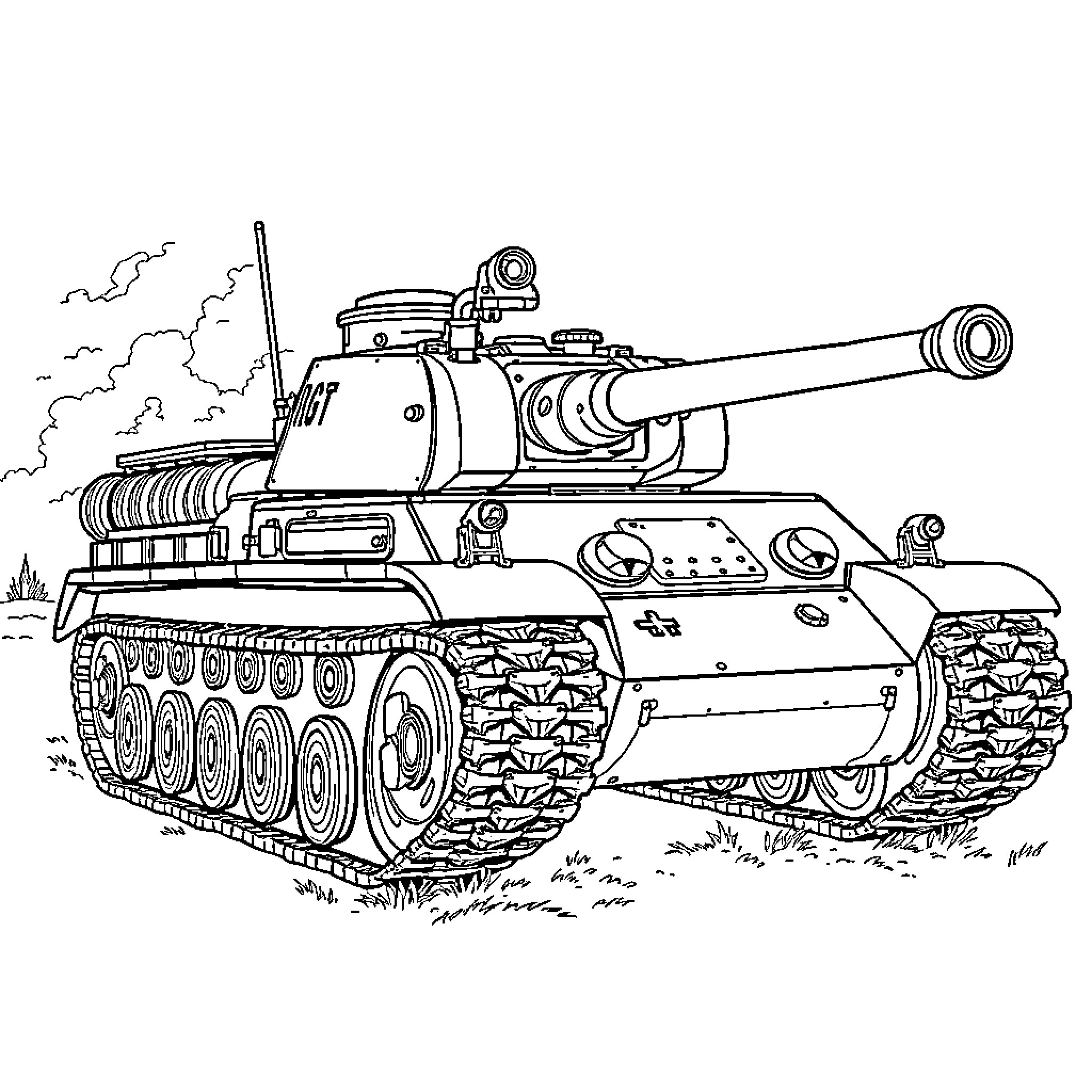 Tiger Tank Firing on the Battlefield Coloring Page (free black-and-white line drawing printable PDF for all, from beginners to advanced learners, including children, teens, adults, and seniors)