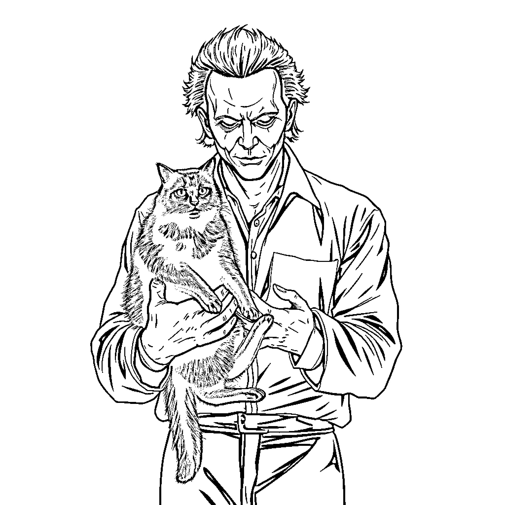 Micheal Myers holding an angry cat Coloring Page (free black-and-white line drawing printable PDF for all, from beginners to advanced learners, including children, teens, adults, and seniors)