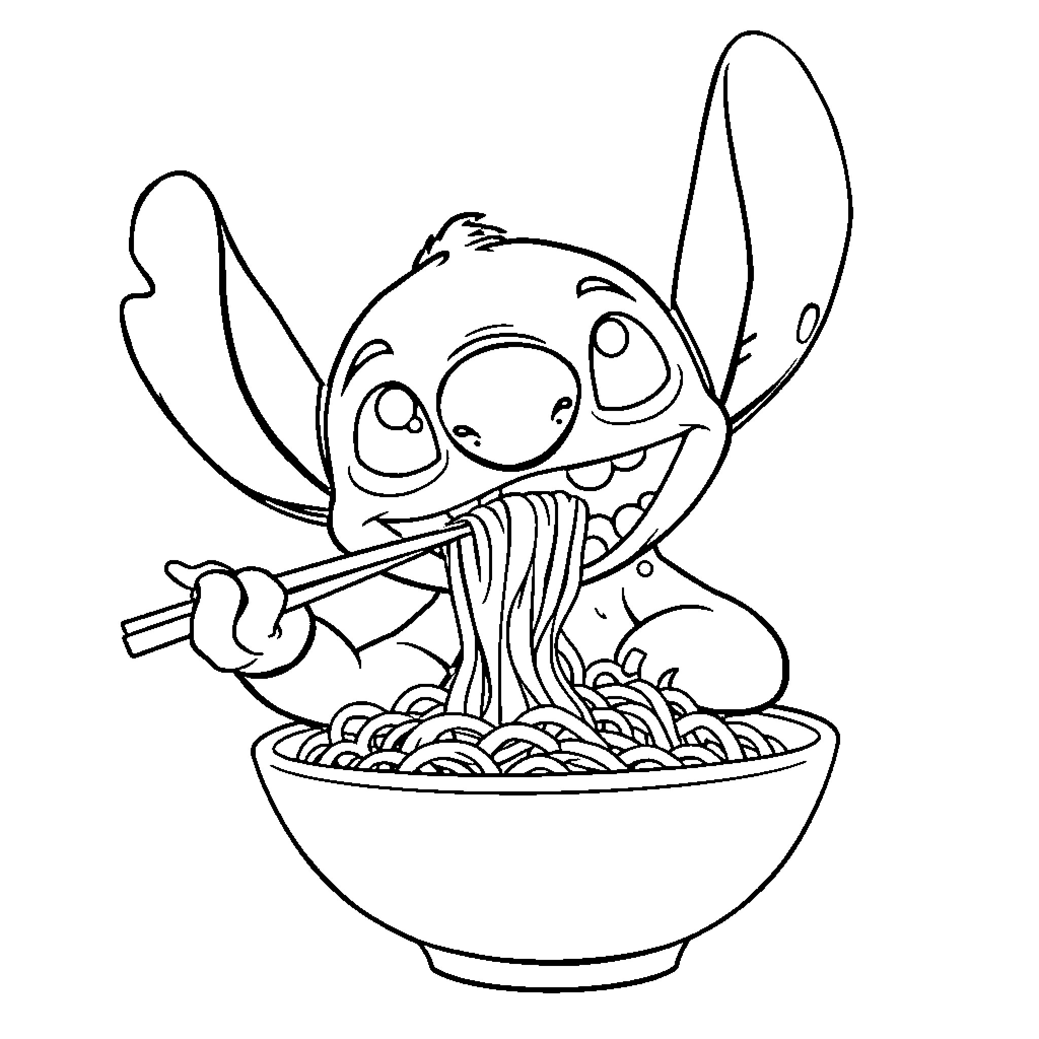 Stitch Enjoying Noodle Soup Coloring Page (free black-and-white line drawing printable PDF for all, from beginners to advanced learners, including children, teens, adults, and seniors)