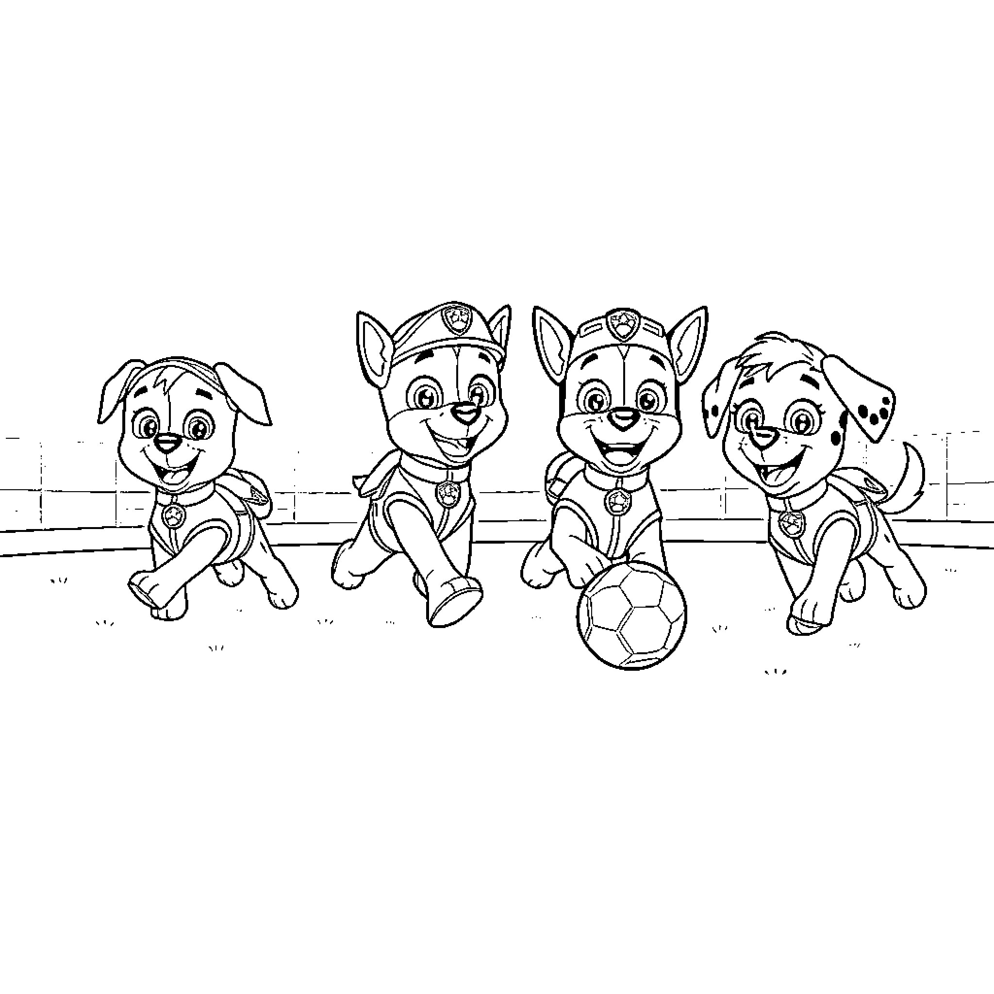 Paw Patrol puppies playing soccer together Coloring Page (free black-and-white line drawing printable PDF for all, from beginners to advanced learners, including children, teens, adults, and seniors)