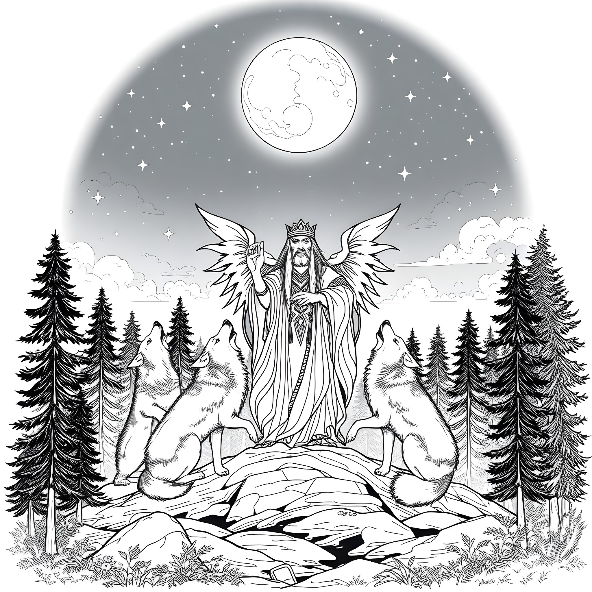 Spirit of the Forest: Winged Goddess Amid Nature's Majesty Coloring Page (free black-and-white line drawing printable PDF for all, from beginners to advanced learners, including children, teens, adults, and seniors)