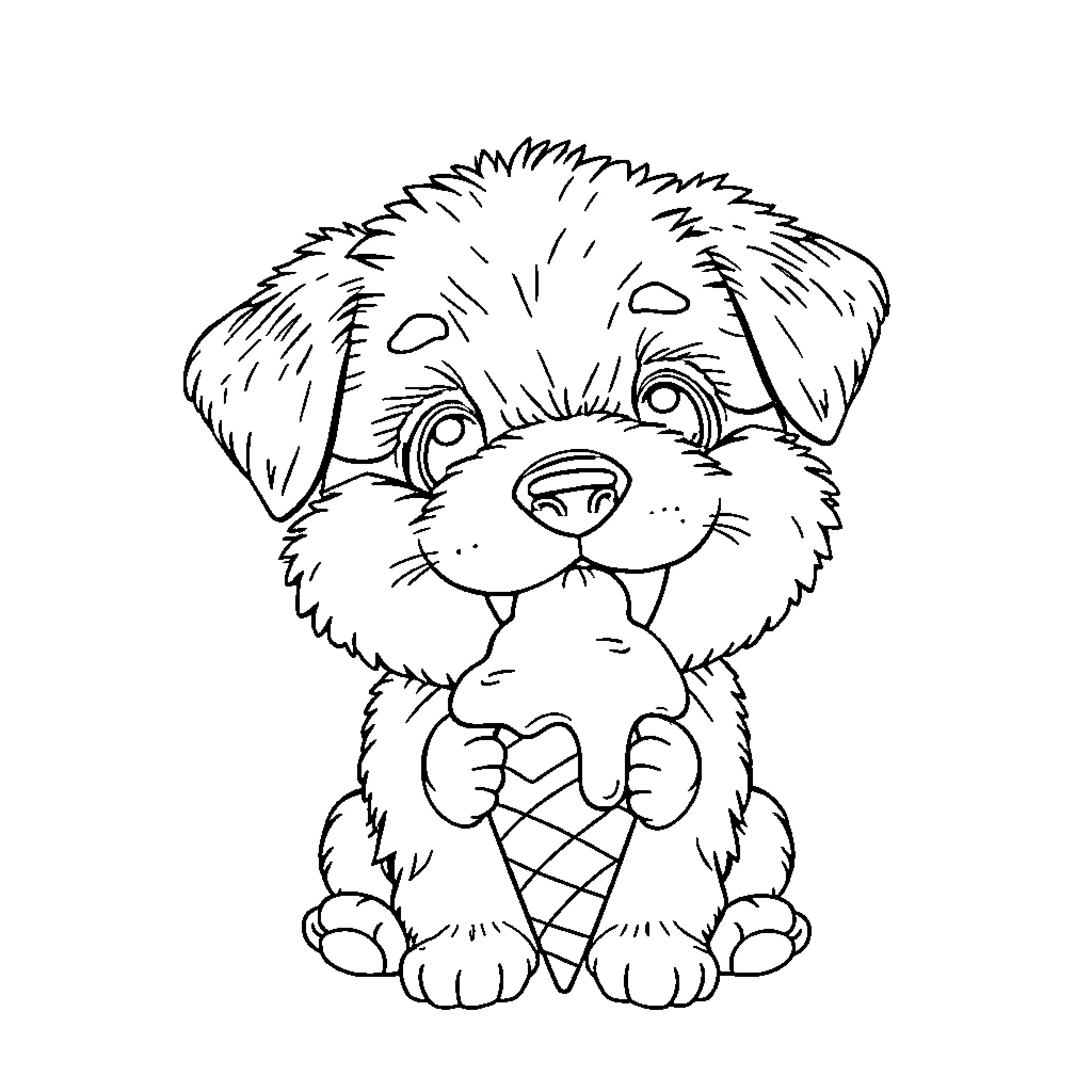 Puppy enjoying an ice cream treat Coloring Page (free black-and-white line drawing printable PDF for all, from beginners to advanced learners, including children, teens, adults, and seniors)