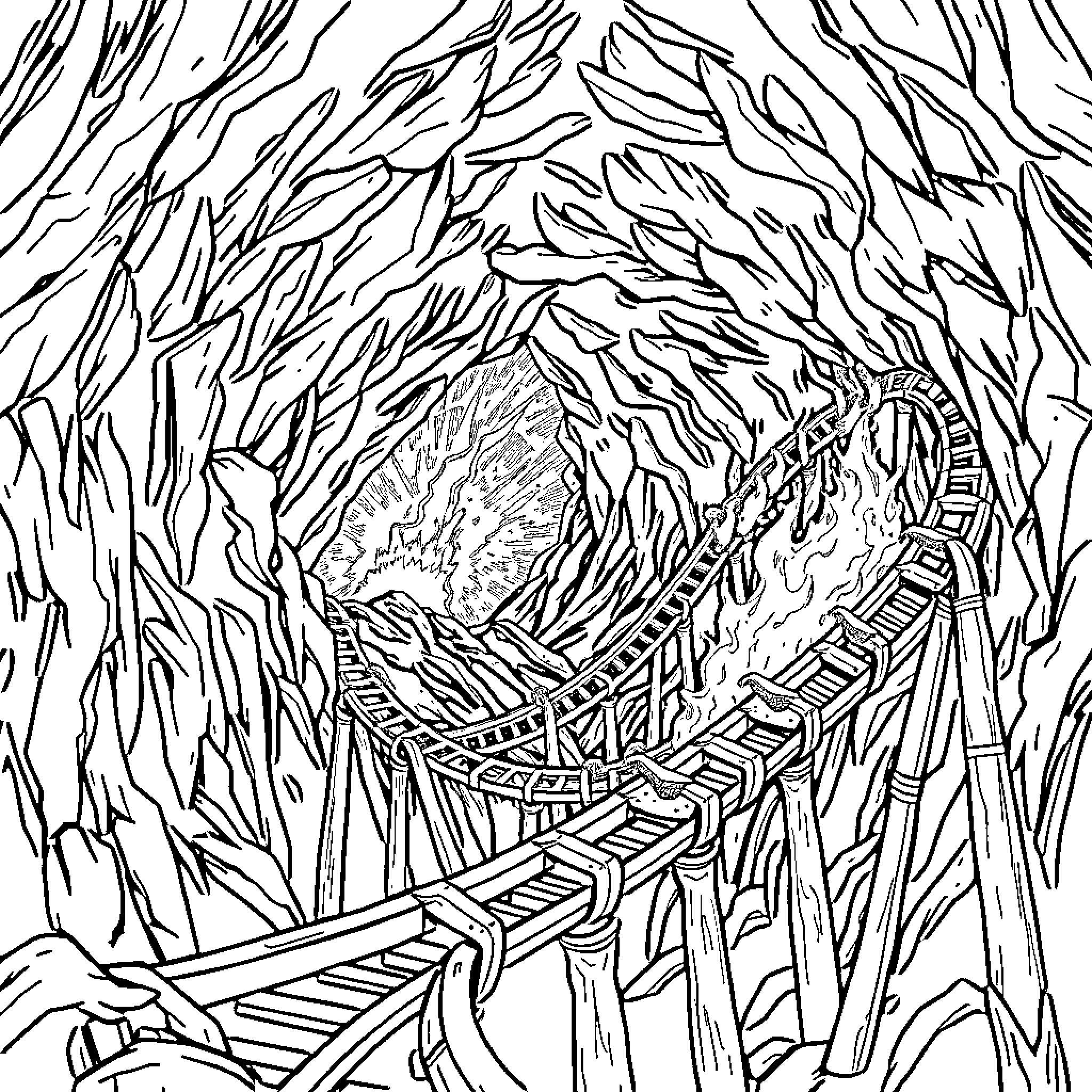 Rollercoaster through a mysterious cave Coloring Page (free black-and-white line drawing printable PDF for all, from beginners to advanced learners, including children, teens, adults, and seniors)