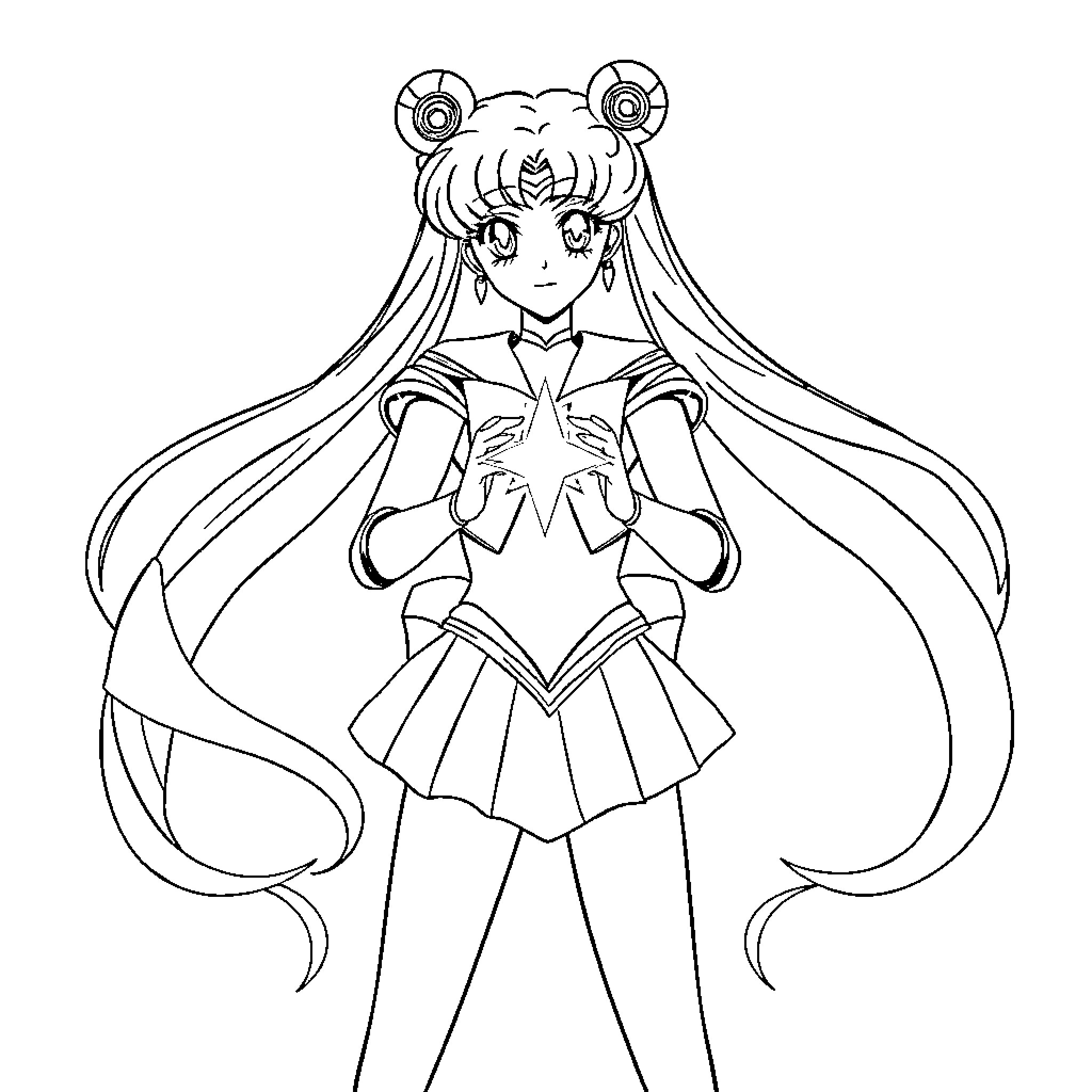 Sailor Moon in Heroic Pose with Long Hair Coloring Page (free black-and-white line drawing printable PDF for all, from beginners to advanced learners, including children, teens, adults, and seniors)