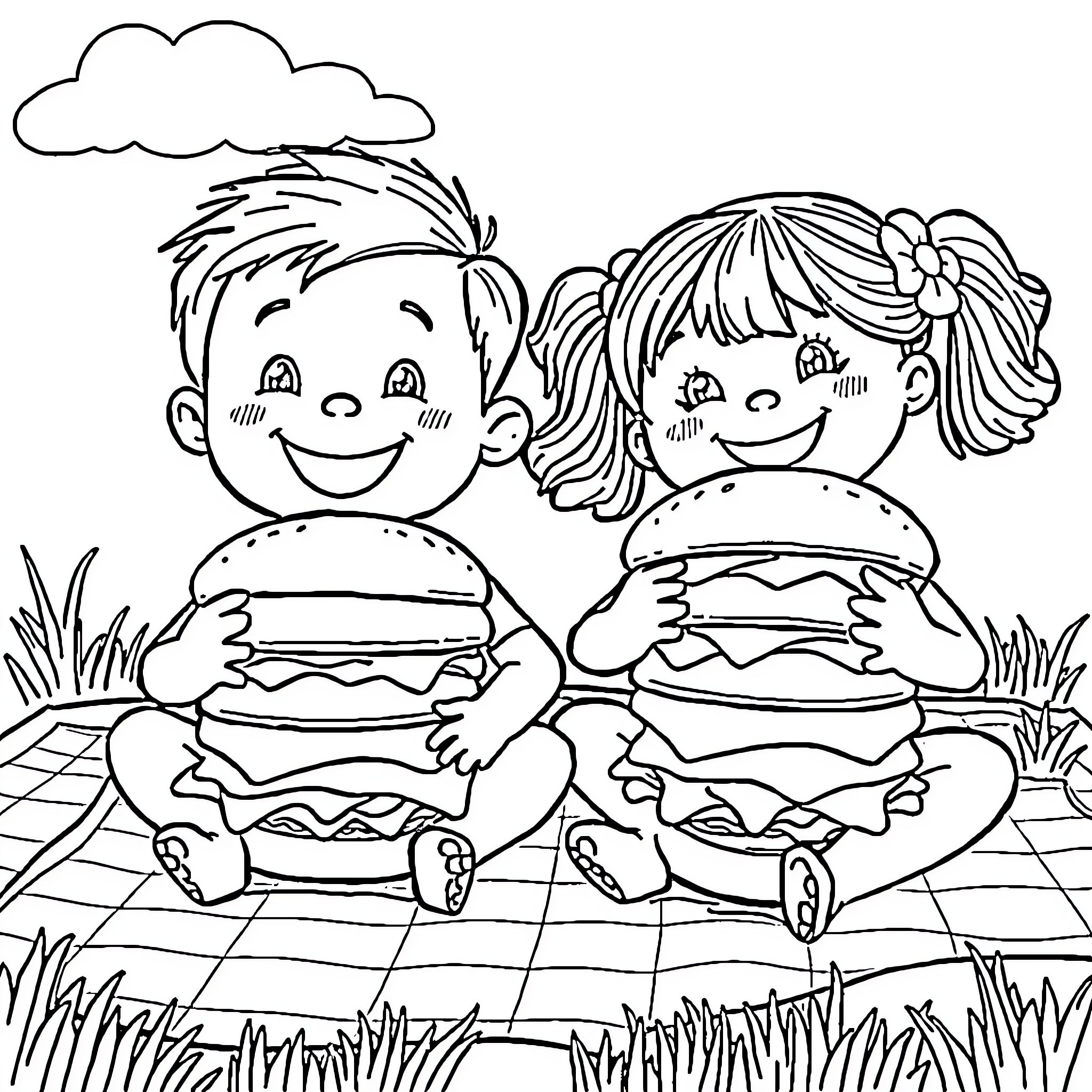 Hamburger friends having a picnic outdoors Coloring Page (free black-and-white line drawing printable PDF for all, from beginners to advanced learners, including children, teens, adults, and seniors)