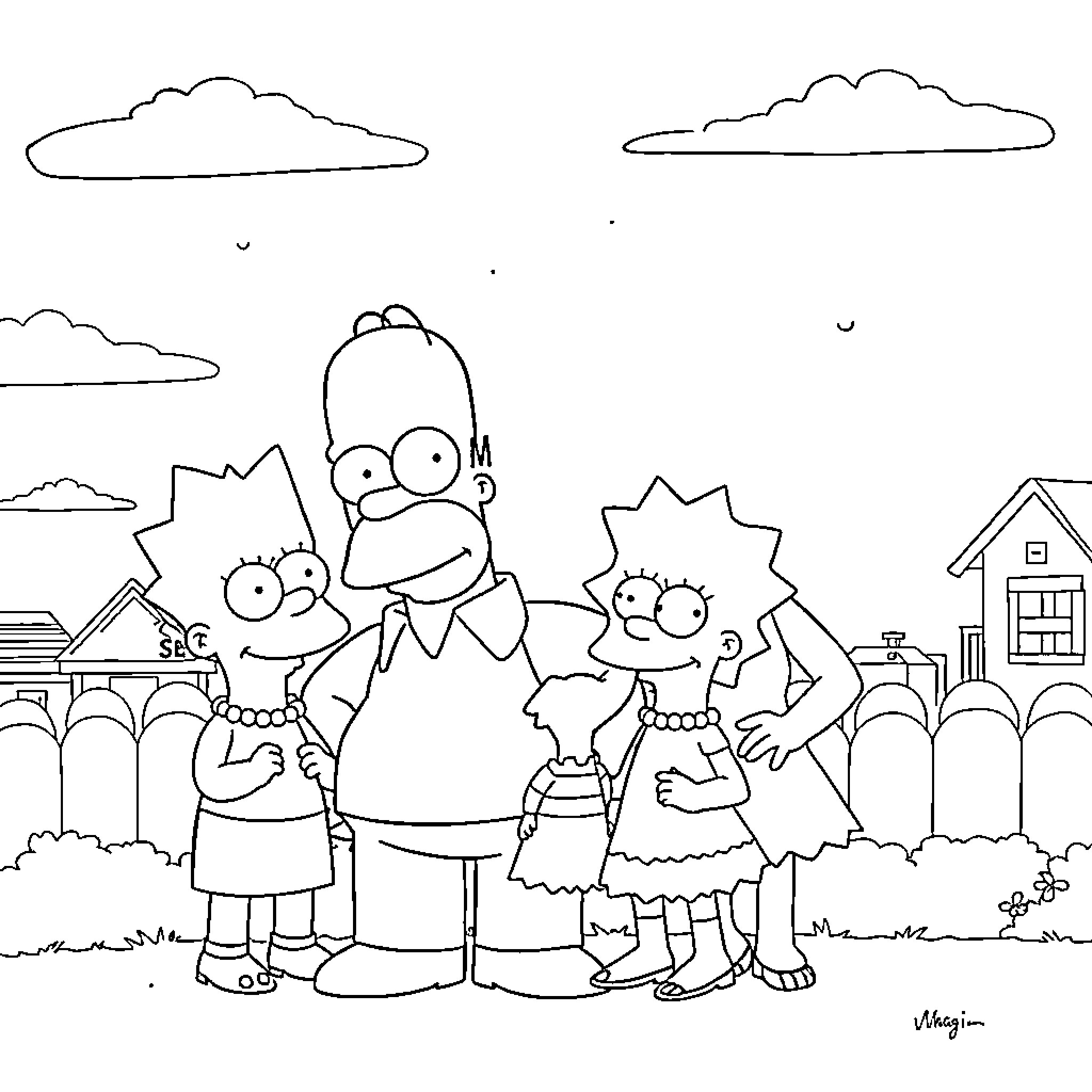 Simpson family enjoying outdoor activities together Coloring Page (free black-and-white line drawing printable PDF for all, from beginners to advanced learners, including children, teens, adults, and seniors)