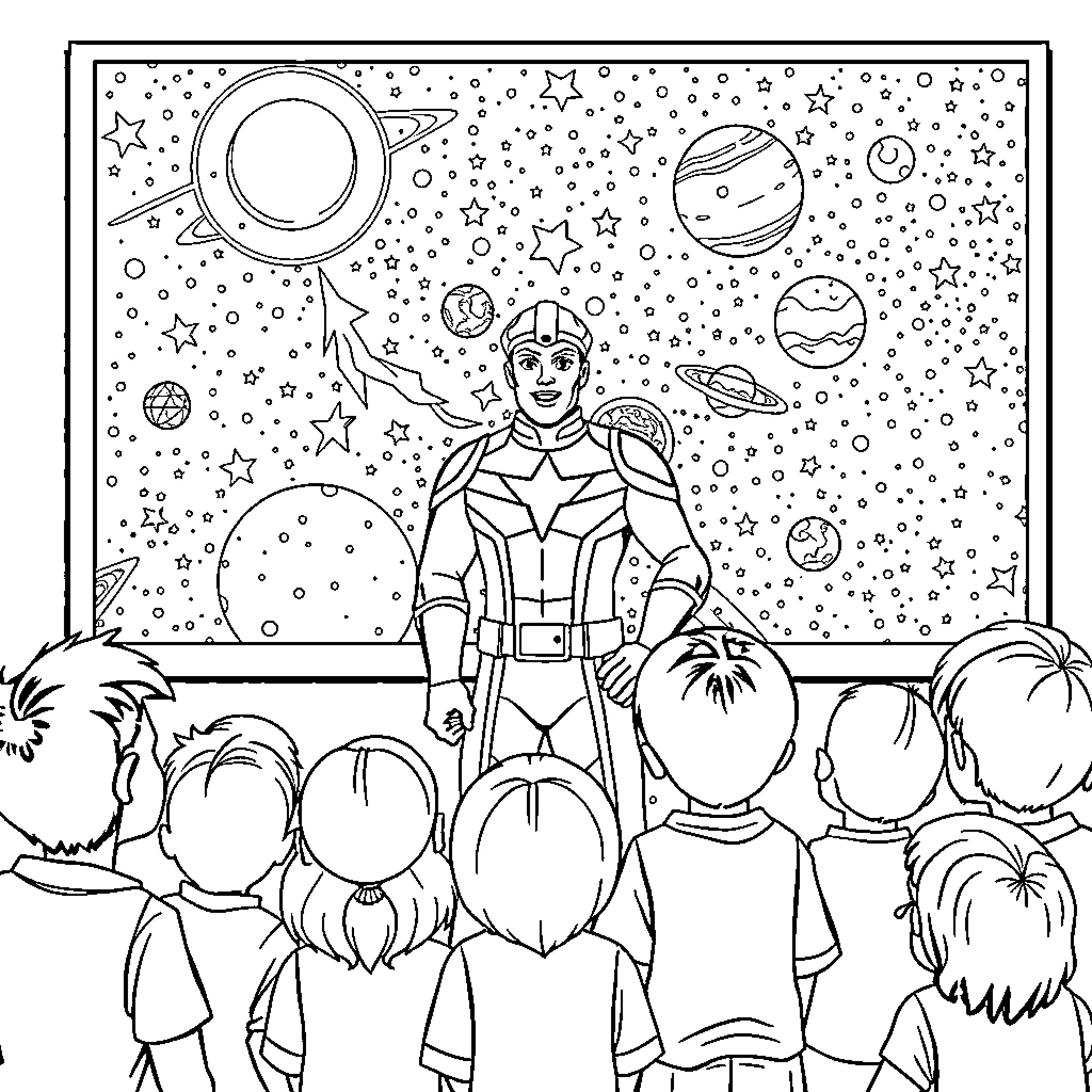 Captain Nova's Space Adventure with Children Coloring Page (free black-and-white line drawing printable PDF for all, from beginners to advanced learners, including children, teens, adults, and seniors)