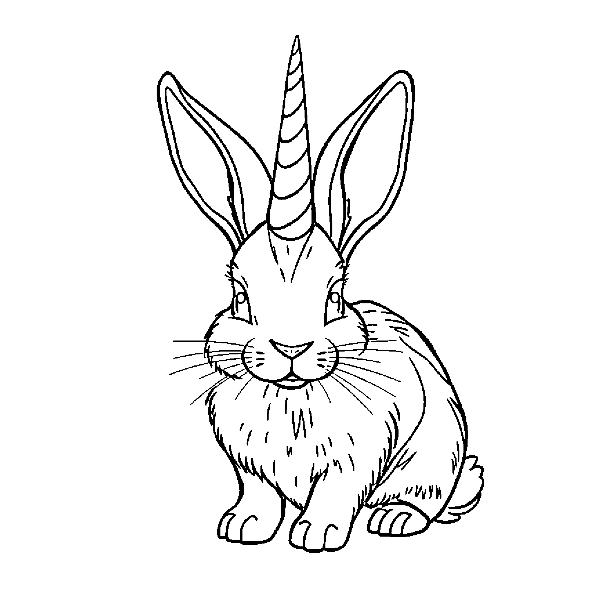 Unicorn Bunny in Whimsical Pose Coloring Page (free black-and-white line drawing printable PDF for all, from beginners to advanced learners, including children, teens, adults, and seniors)