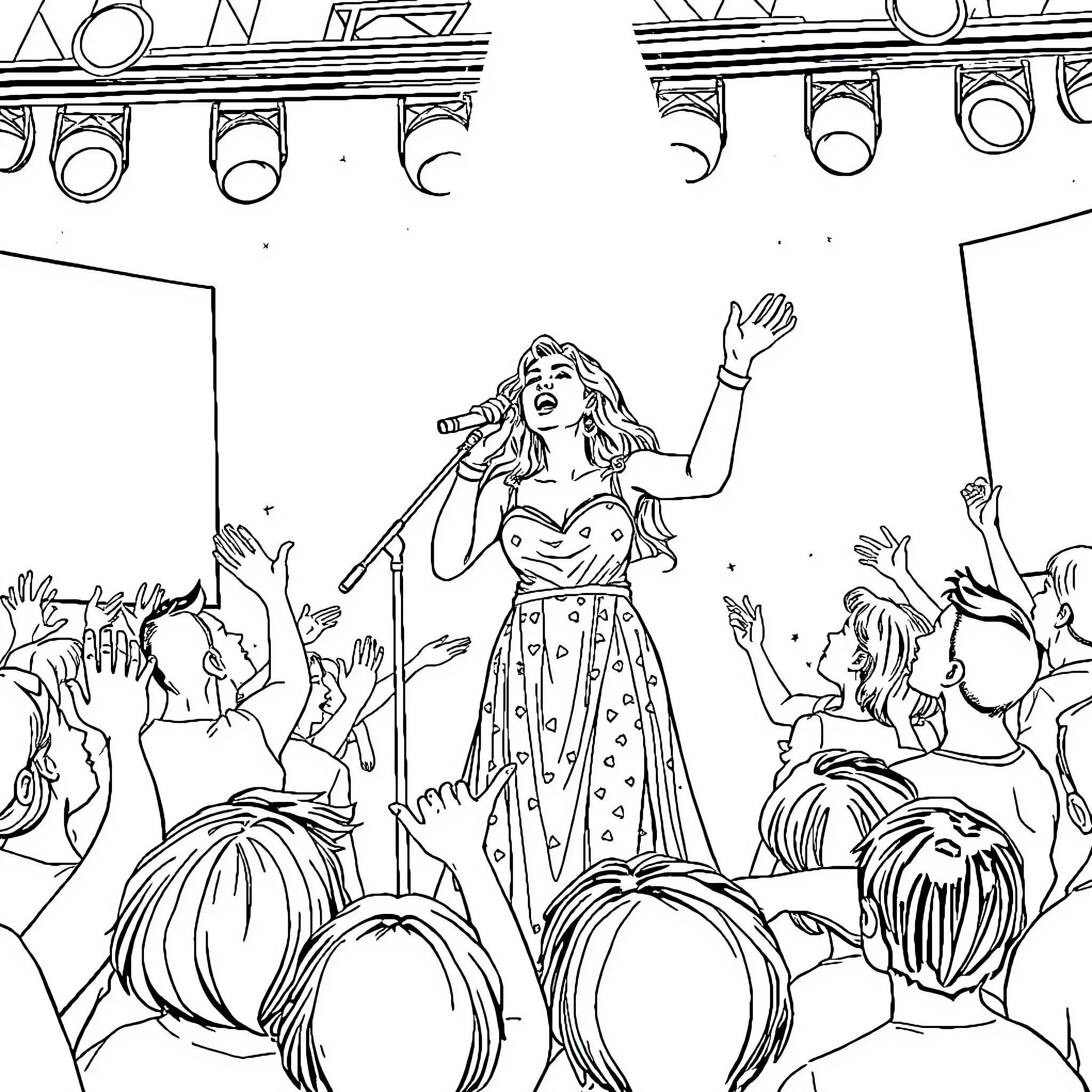 Vitaa Performing Live on Stage with Energetic Crowd Coloring Page (free black-and-white line drawing printable PDF for all, from beginners to advanced learners, including children, teens, adults, and seniors)