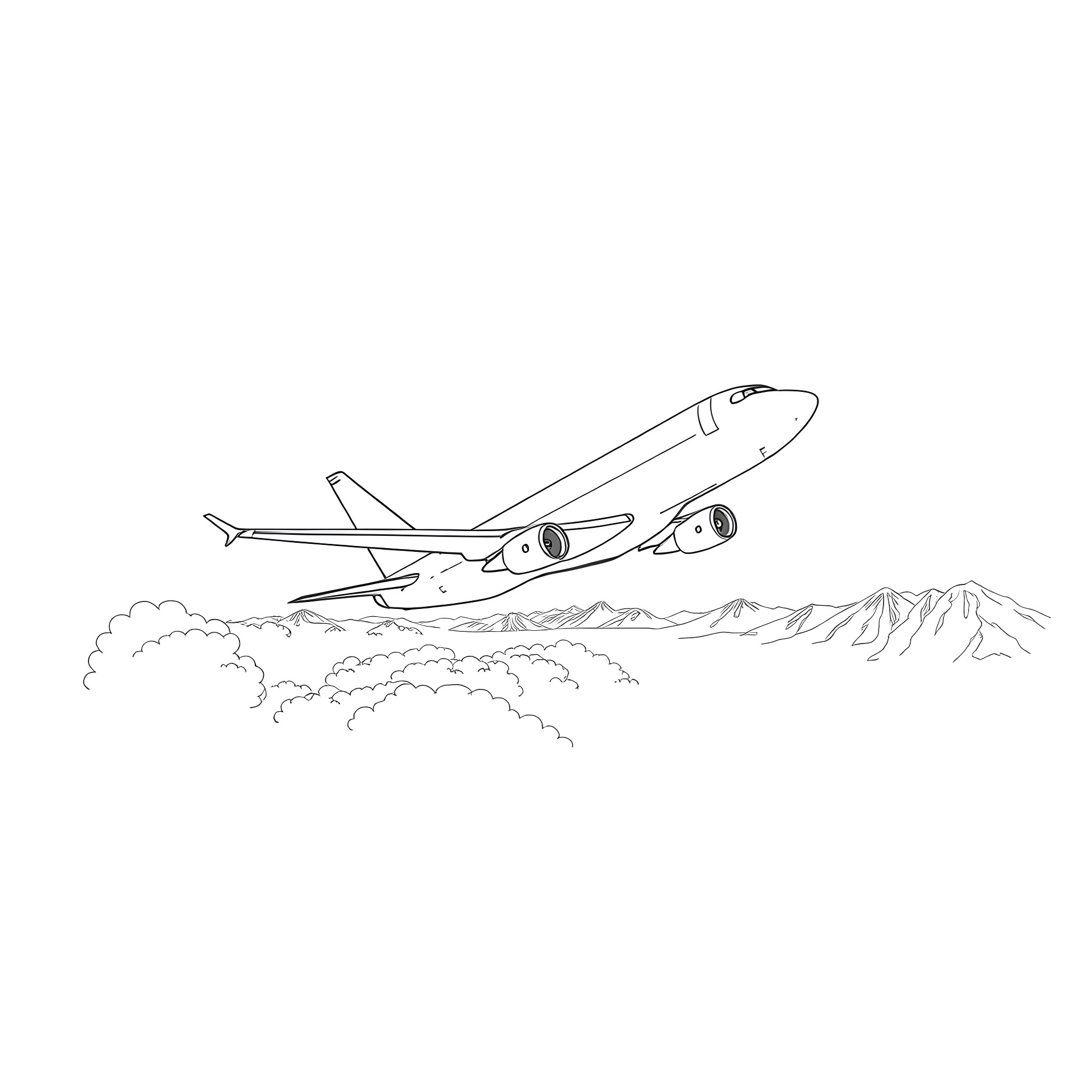 Airplane soaring above the clouds and mountains Coloring Page (free black-and-white line drawing printable PDF for all, from beginners to advanced learners, including children, teens, adults, and seniors)