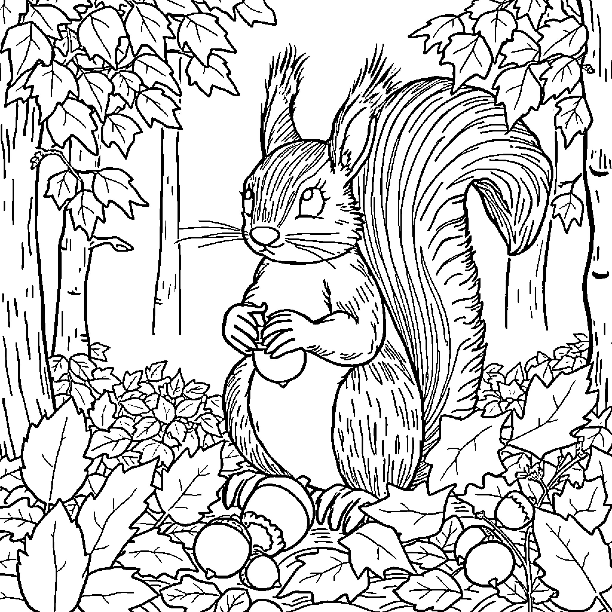 Squirrel exploring the autumn forest Coloring Page (free black-and-white line drawing printable PDF for all, from beginners to advanced learners, including children, teens, adults, and seniors)