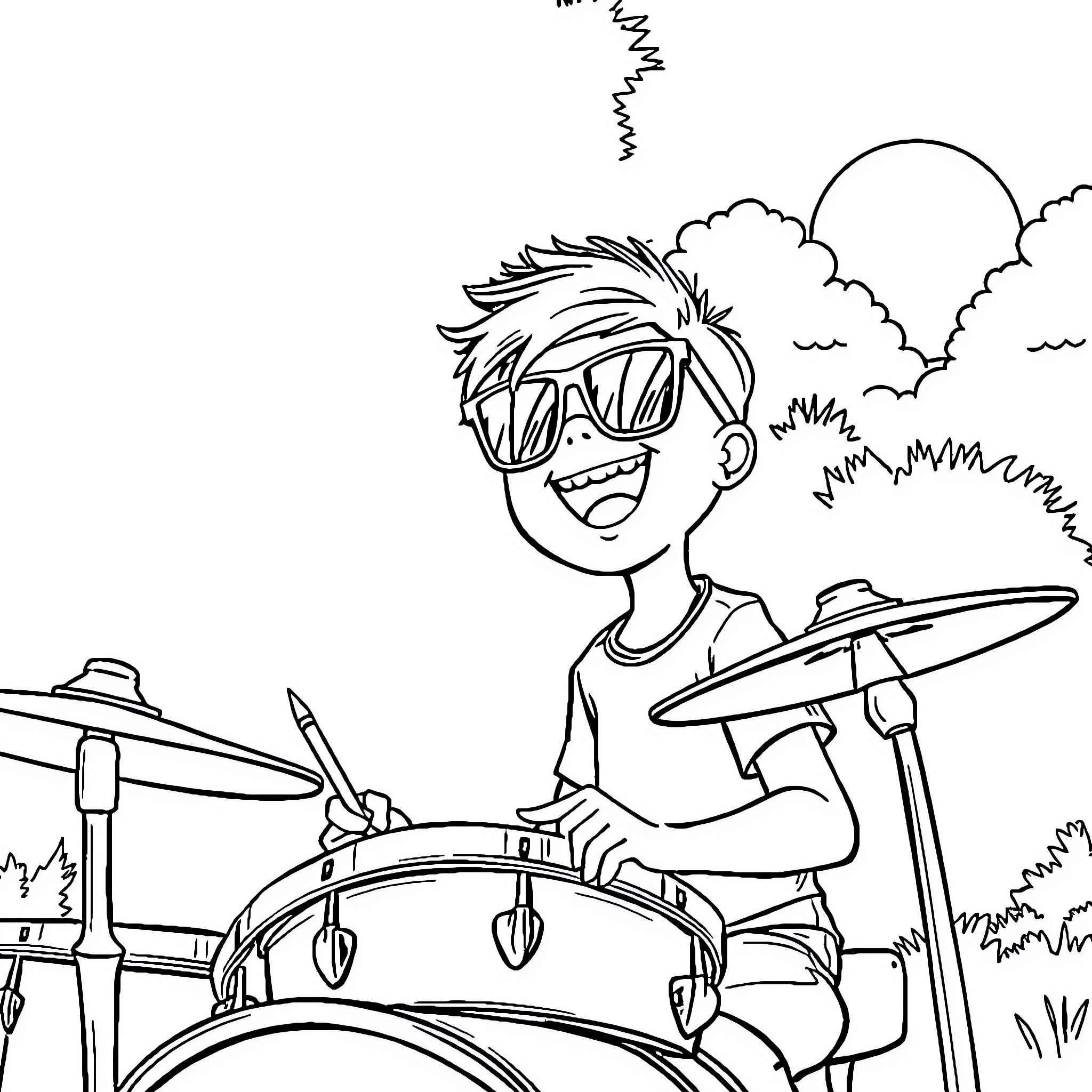 Kid playing drums in the park Coloring Page (free black-and-white line drawing printable PDF for all, from beginners to advanced learners, including children, teens, adults, and seniors)