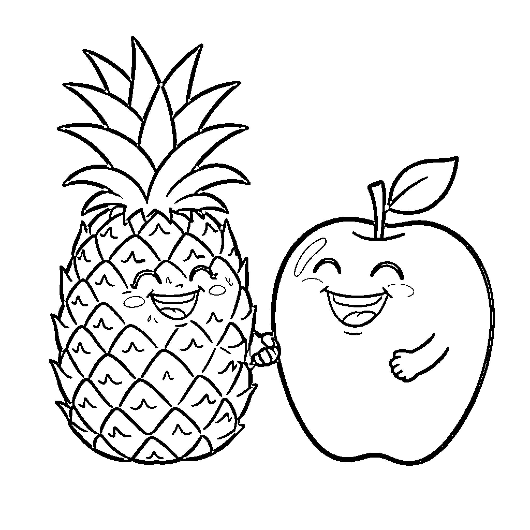 Pineapple and apple laughing together joyfully Coloring Page (free black-and-white line drawing printable PDF for all, from beginners to advanced learners, including children, teens, adults, and seniors)