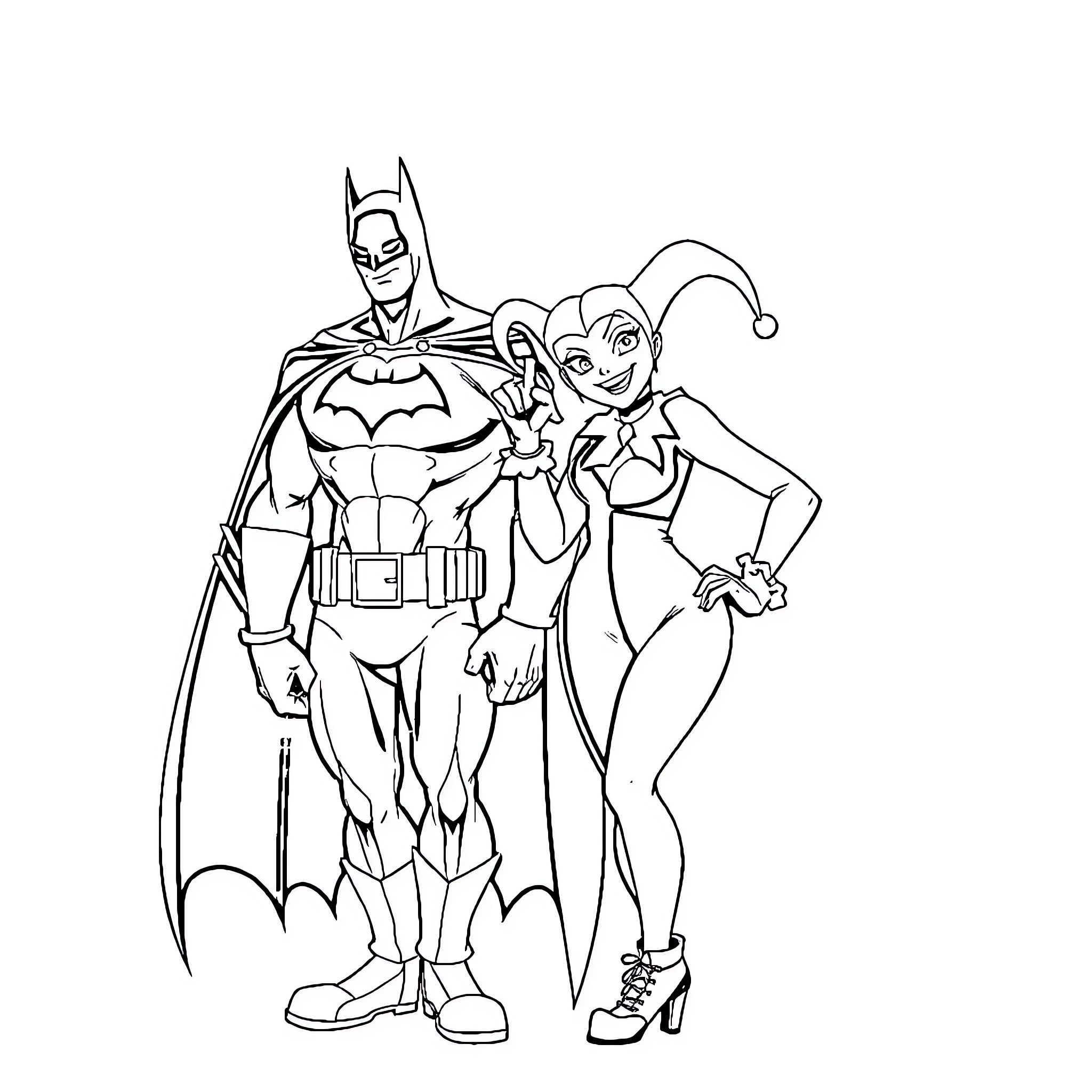 Harley Quinn and Batman in iconic poses Coloring Page (free black-and-white line drawing printable PDF for all, from beginners to advanced learners, including children, teens, adults, and seniors)