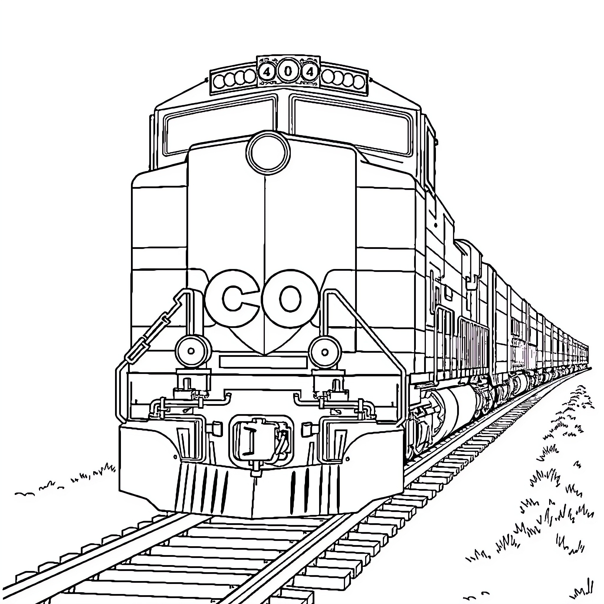 Freight Train Transporting Cargo Along Tracks Coloring Page (free black-and-white line drawing printable PDF for all, from beginners to advanced learners, including children, teens, adults, and seniors)