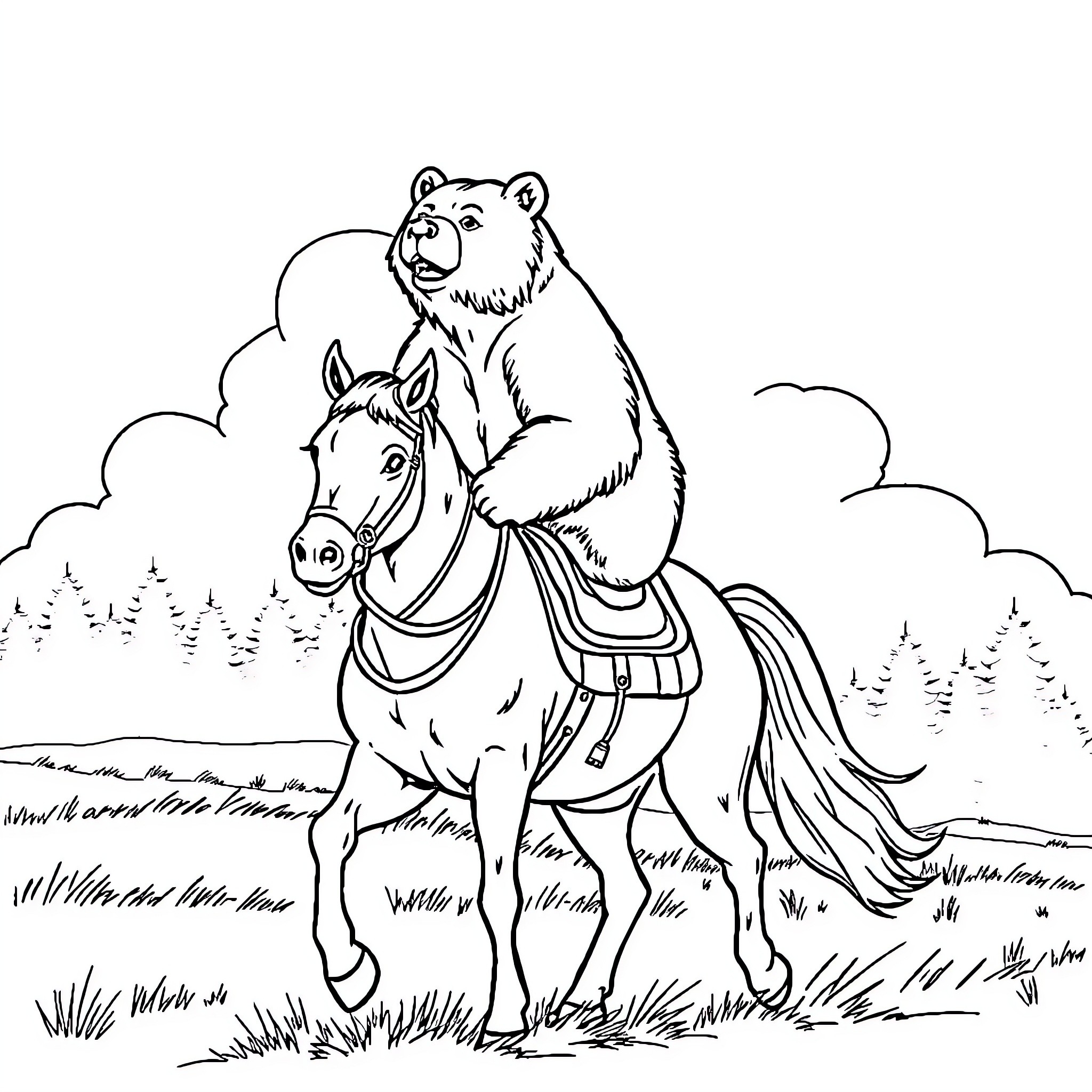 Bear riding a horse in the wilderness Coloring Page (free black-and-white line drawing printable PDF for all, from beginners to advanced learners, including children, teens, adults, and seniors)