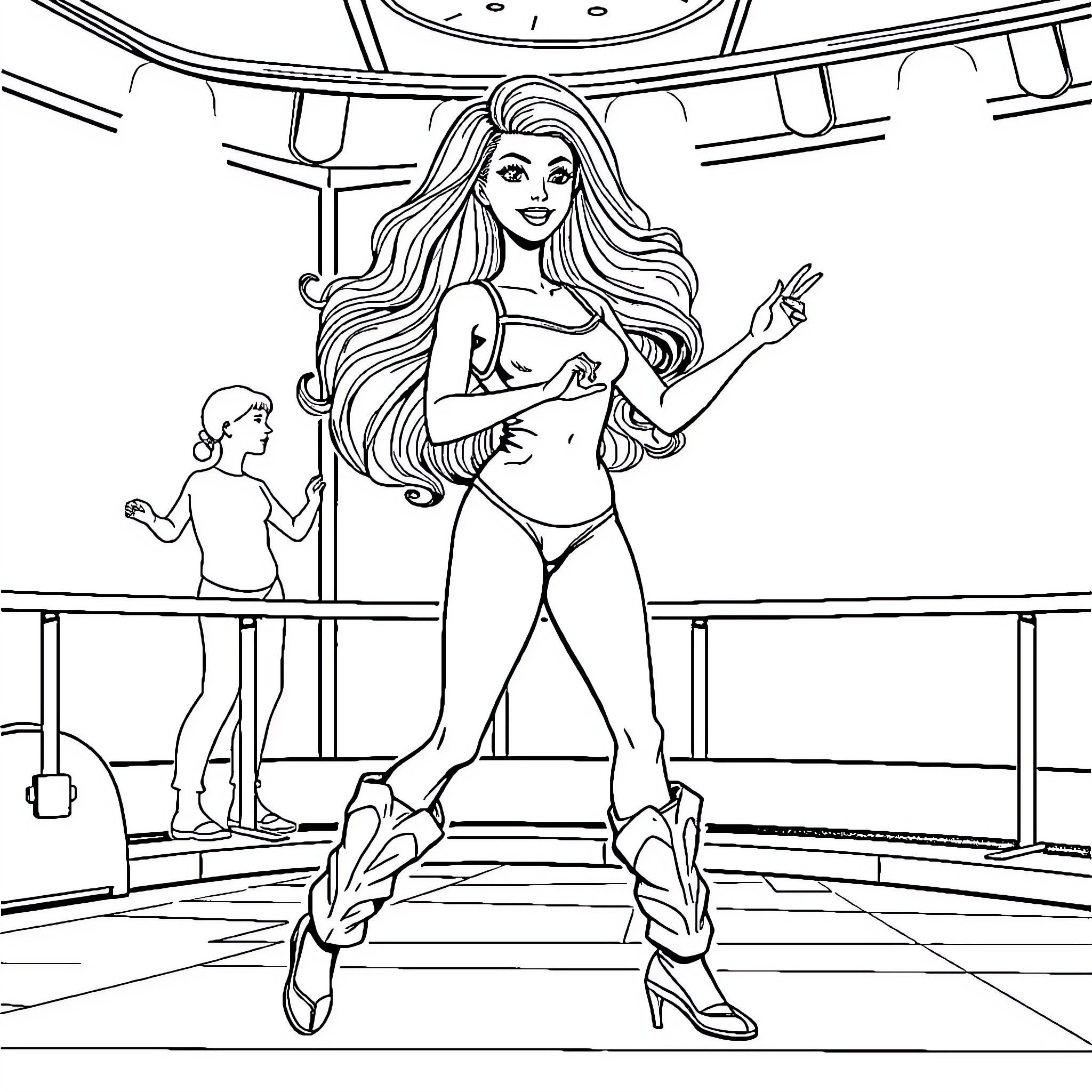 Barbie Performing on Stage in Glamorous Outfit Coloring Page (free black-and-white line drawing printable PDF for all, from beginners to advanced learners, including children, teens, adults, and seniors)