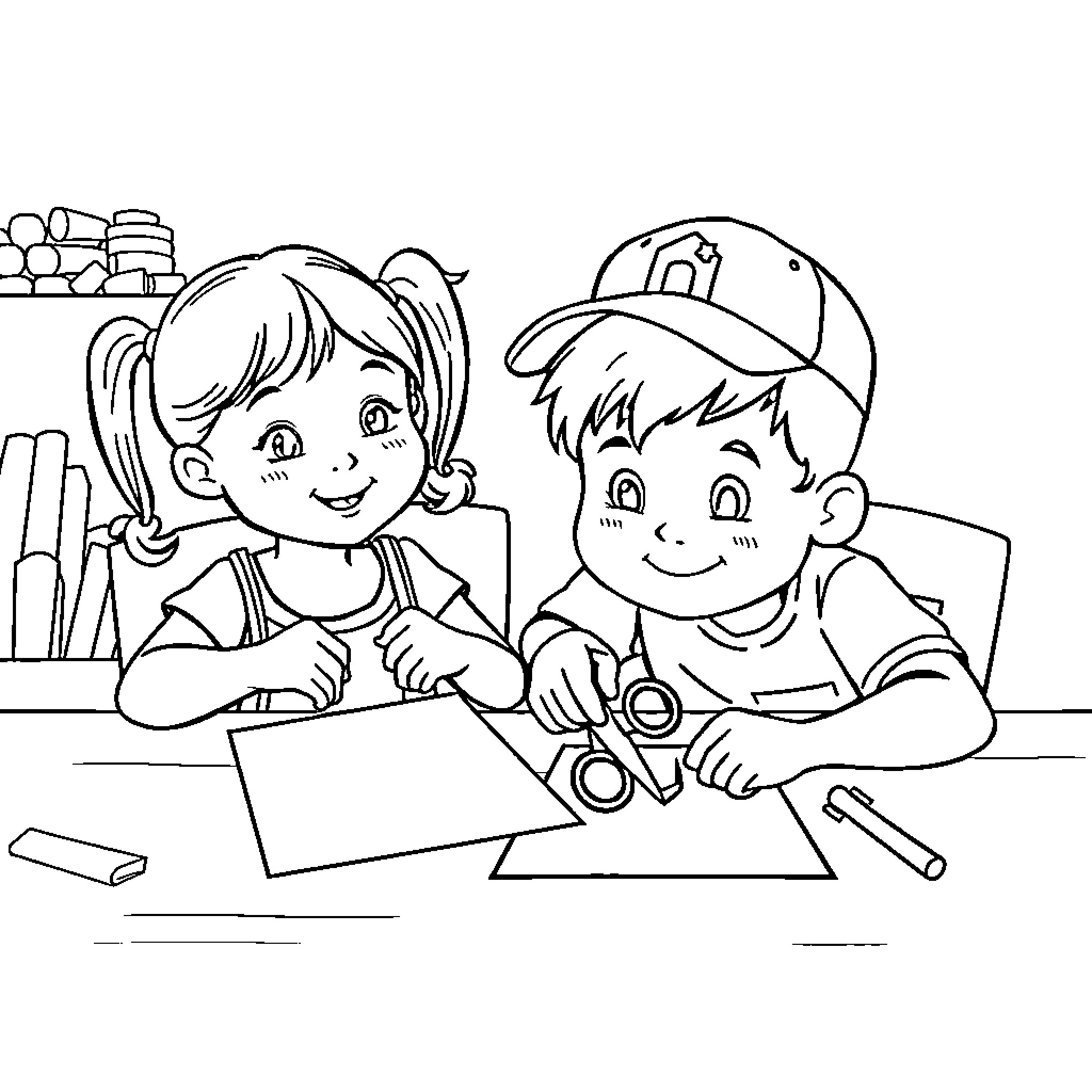 Kids Coloring Together in Classroom Coloring Page (free black-and-white line drawing printable PDF for all, from beginners to advanced learners, including children, teens, adults, and seniors)