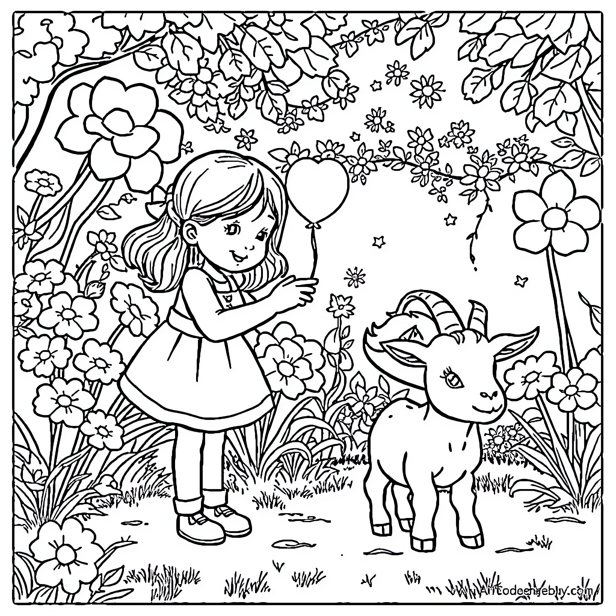 Girl playing with balloon and goat in floral garden Coloring Page (free black-and-white line drawing printable PDF for all, from beginners to advanced learners, including children, teens, adults, and seniors)