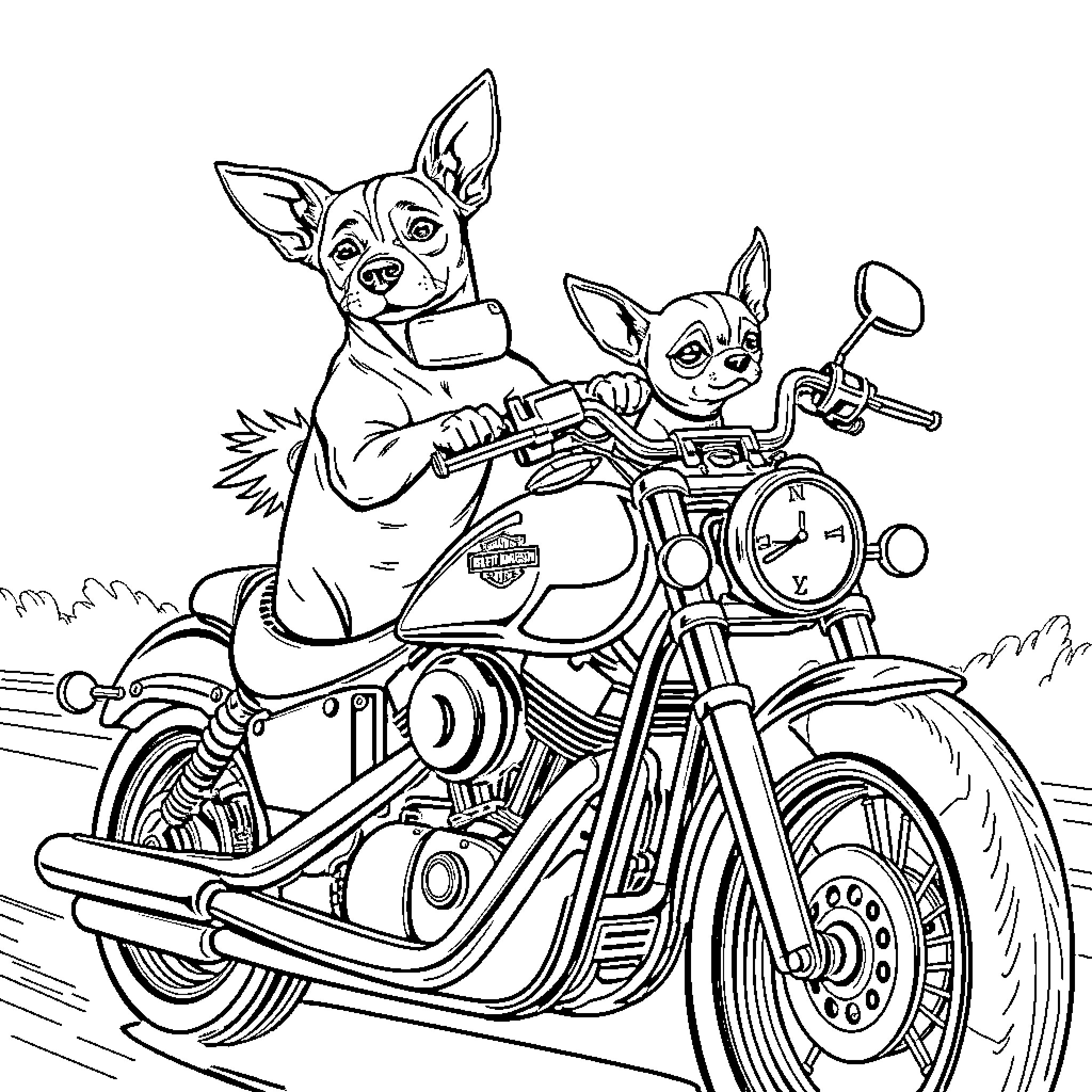 Dog Riding Motorcycle with Companion Coloring Page (free black-and-white line drawing printable PDF for all, from beginners to advanced learners, including children, teens, adults, and seniors)