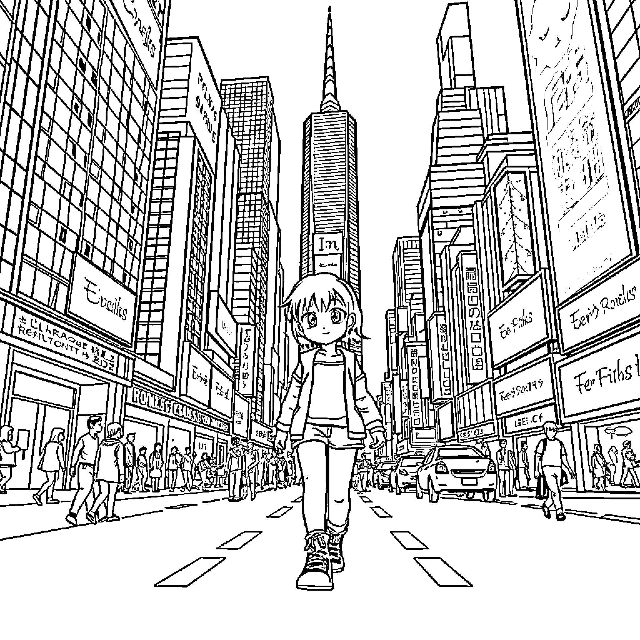 Mirai's Bustling City Adventure Coloring Page (free black-and-white line drawing printable PDF for all, from beginners to advanced learners, including children, teens, adults, and seniors)