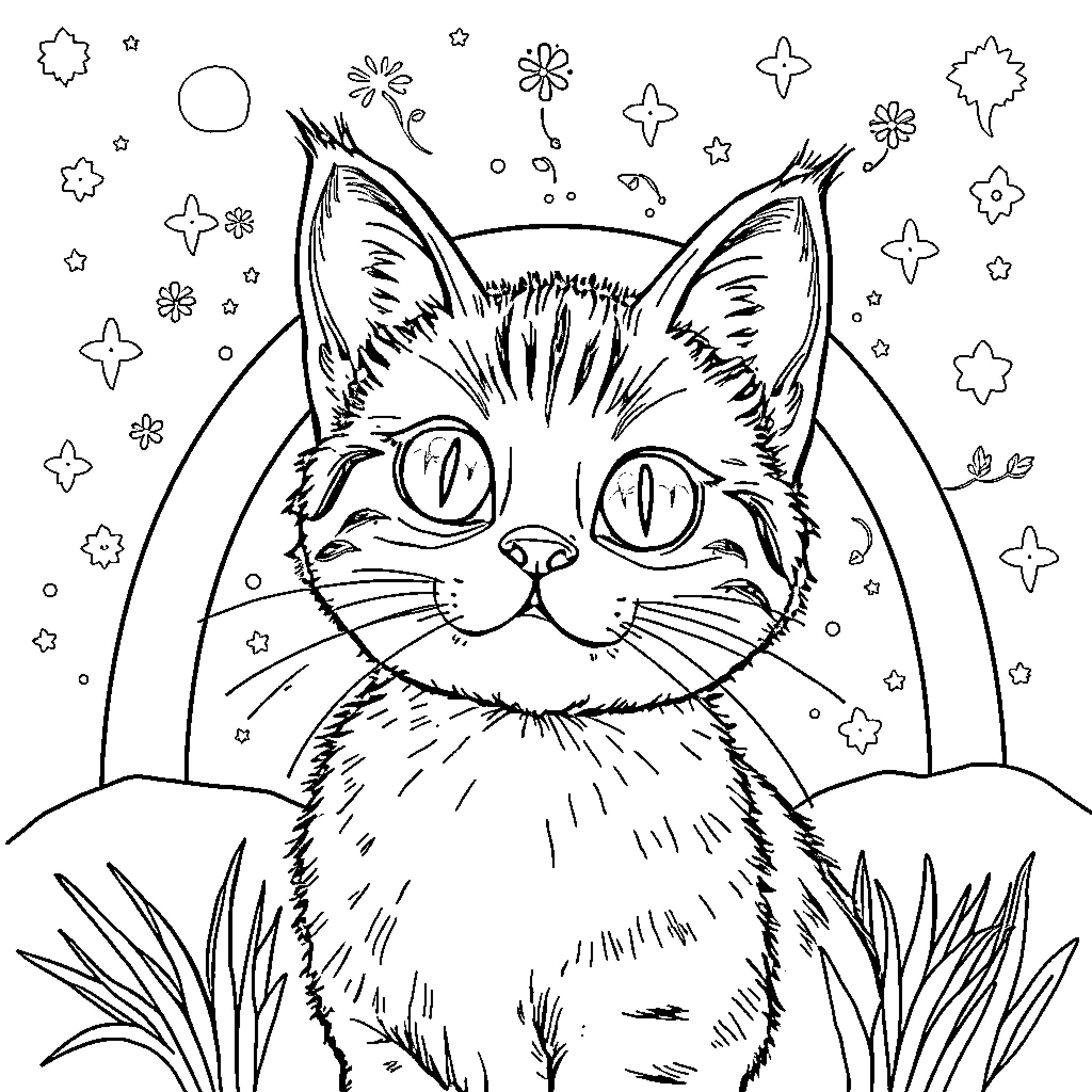 Cat in a whimsical night scene Coloring Page (free black-and-white line drawing printable PDF for all, from beginners to advanced learners, including children, teens, adults, and seniors)