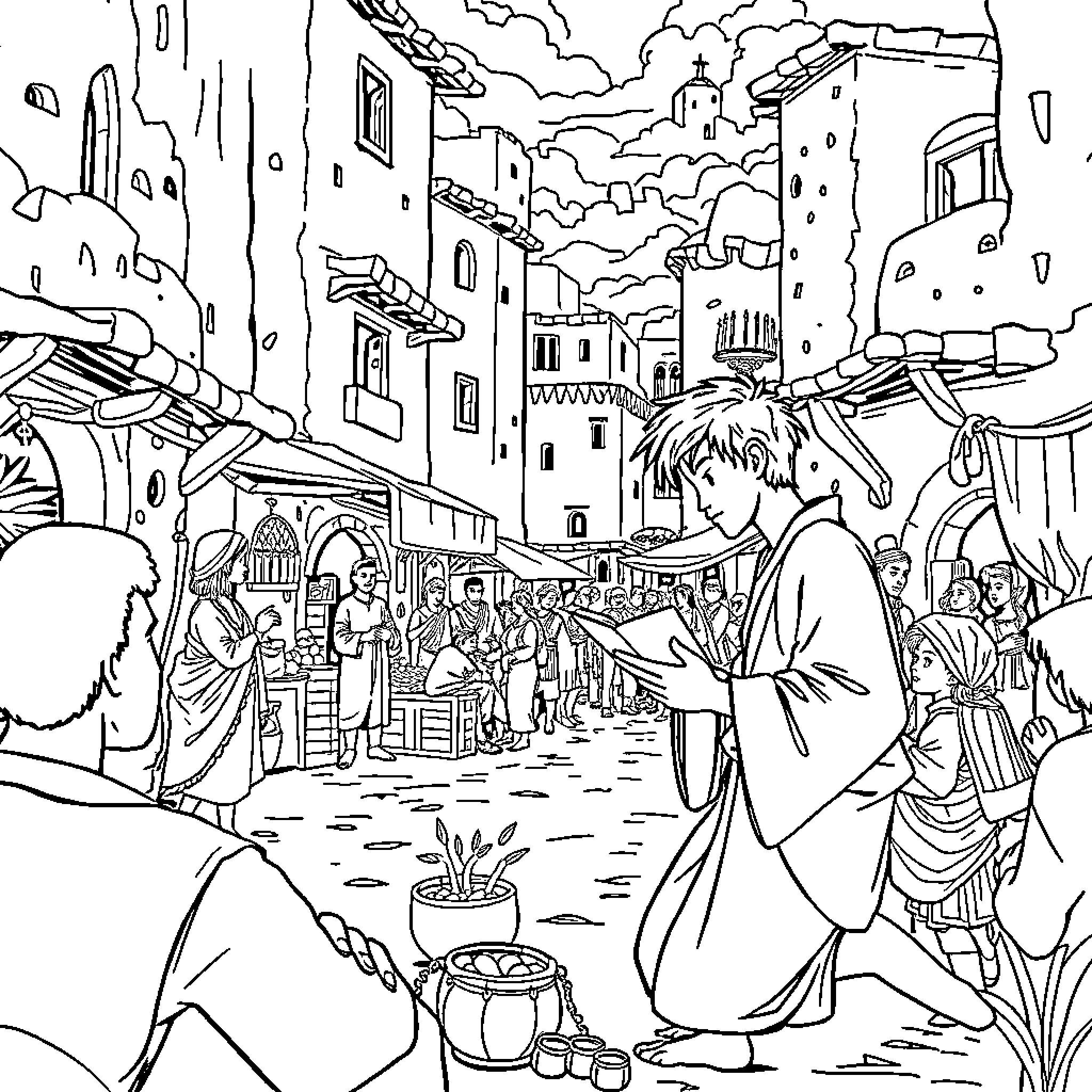 Jonas exploring the bustling marketplace in an ancient city Coloring Page (free black-and-white line drawing printable PDF for all, from beginners to advanced learners, including children, teens, adults, and seniors)