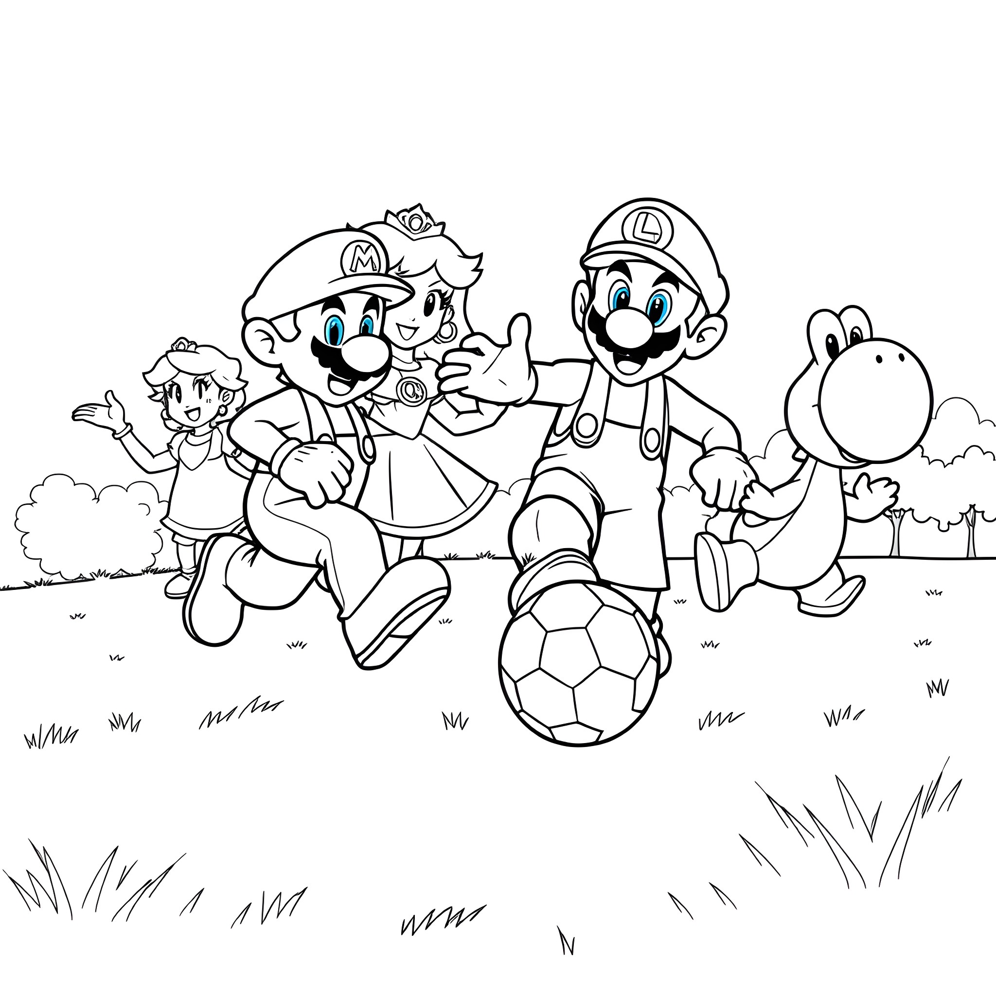 Mario and Friends Playing Soccer Together Coloring Page (free black-and-white line drawing printable PDF for all, from beginners to advanced learners, including children, teens, adults, and seniors)