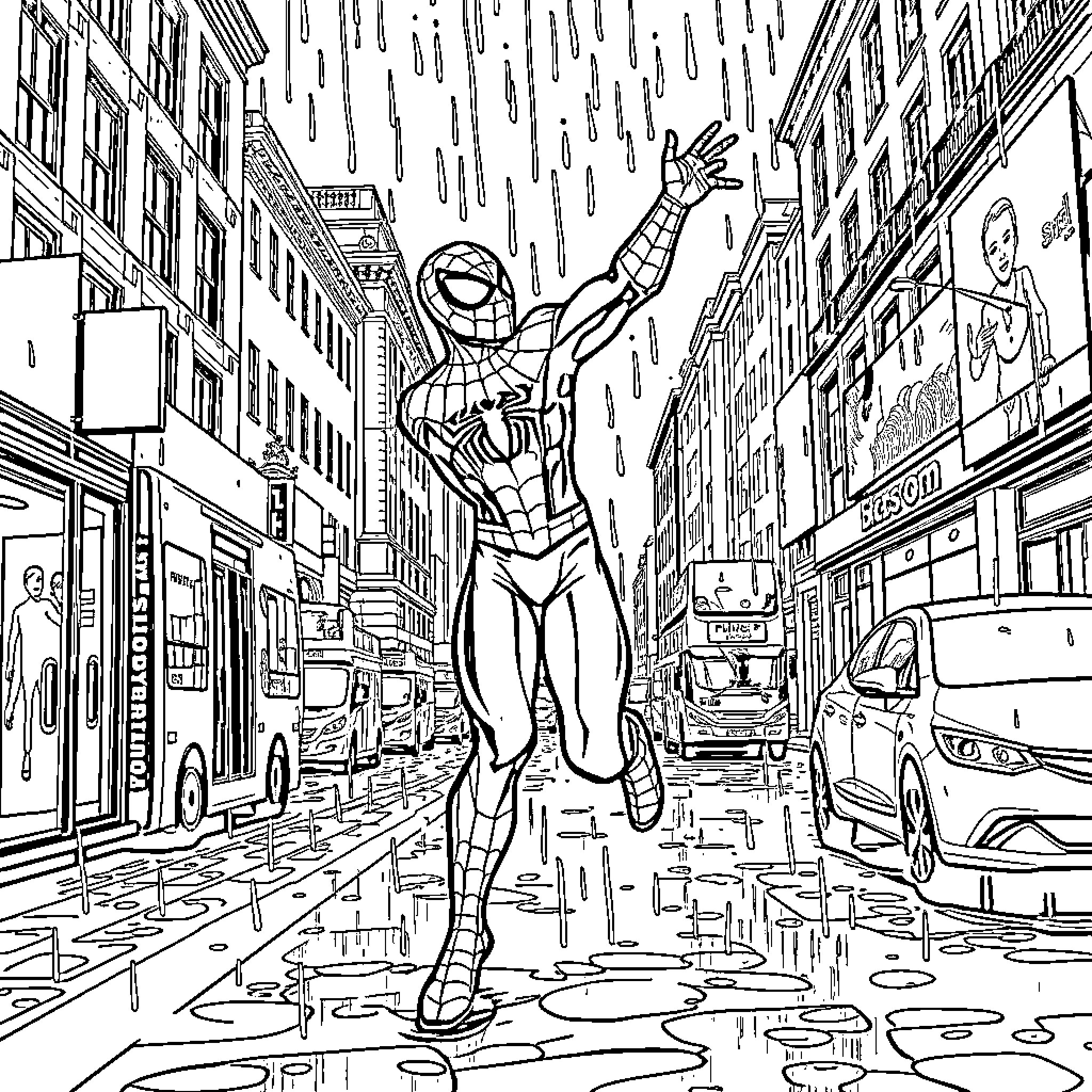 Spider-Man swinging through the city in action Coloring Page (free black-and-white line drawing printable PDF for all, from beginners to advanced learners, including children, teens, adults, and seniors)