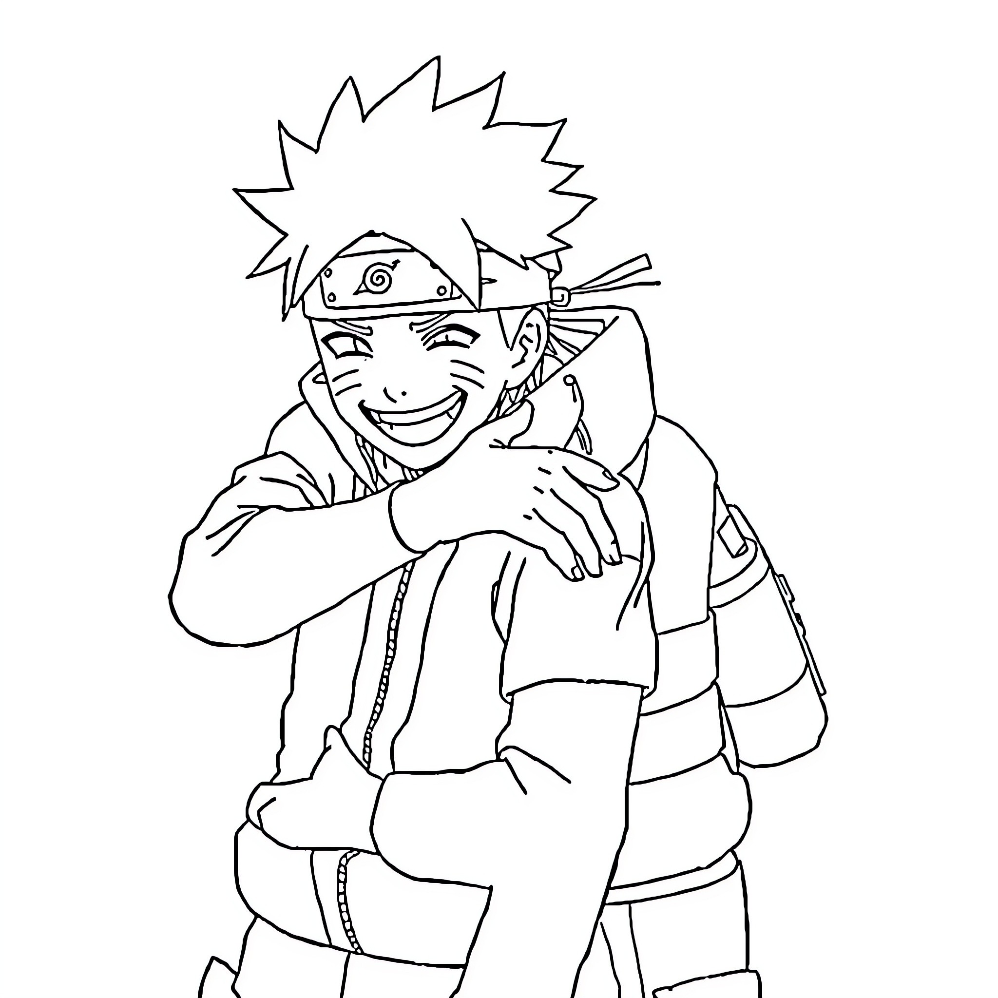 Naruto showing mischievous expression and ninja outfit Coloring Page (free black-and-white line drawing printable PDF for all, from beginners to advanced learners, including children, teens, adults, and seniors)