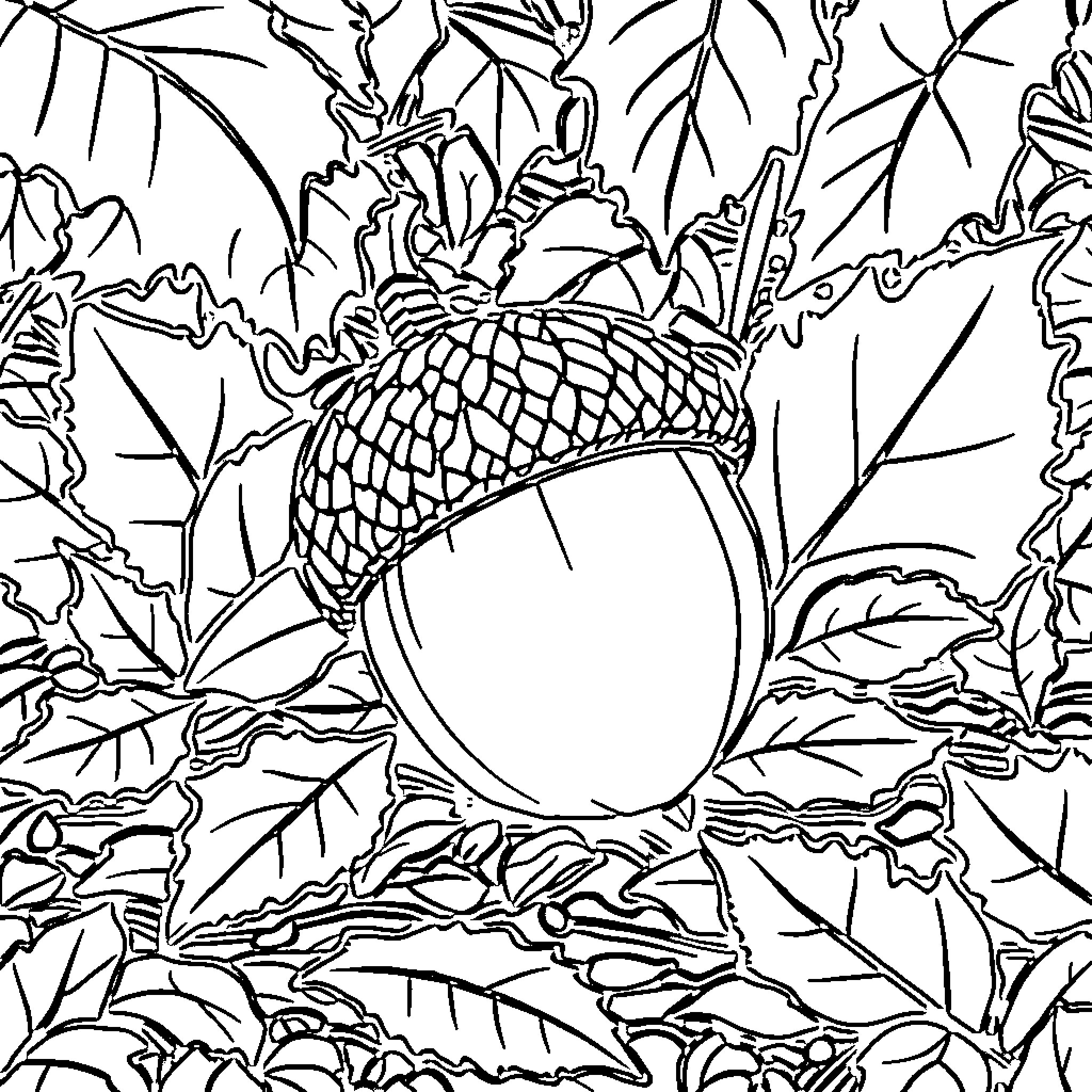 Acorn nestled among leaves and branches Coloring Page (free black-and-white line drawing printable PDF for all, from beginners to advanced learners, including children, teens, adults, and seniors)