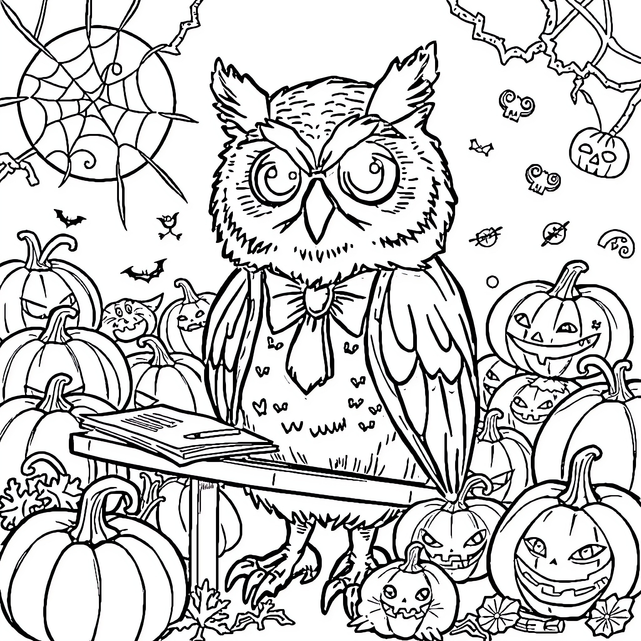 Owl with Halloween Decorations Coloring Page (free black-and-white line drawing printable PDF for all, from beginners to advanced learners, including children, teens, adults, and seniors)