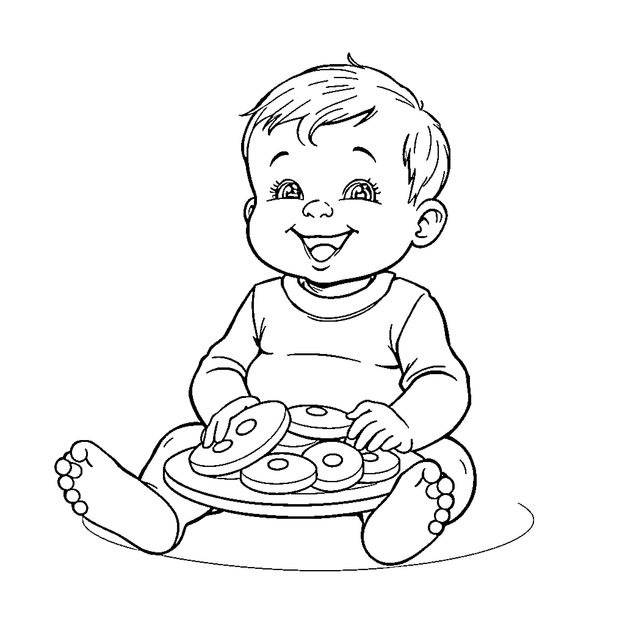 Baby enjoys a tasty snack Coloring Page (free black-and-white line drawing printable PDF for all, from beginners to advanced learners, including children, teens, adults, and seniors)