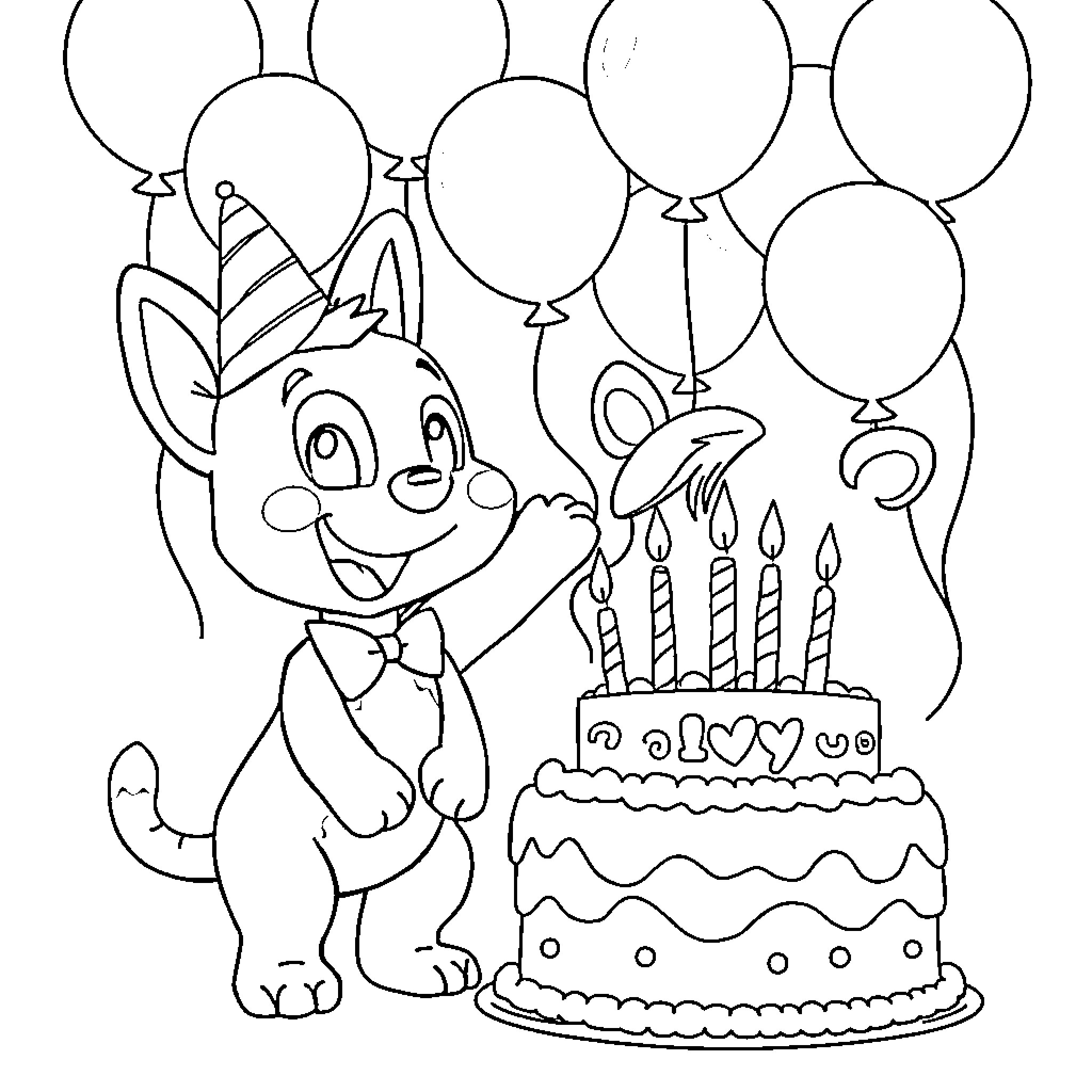 Bluey's Birthday Celebration with Balloons Coloring Page (free black-and-white line drawing printable PDF for all, from beginners to advanced learners, including children, teens, adults, and seniors)