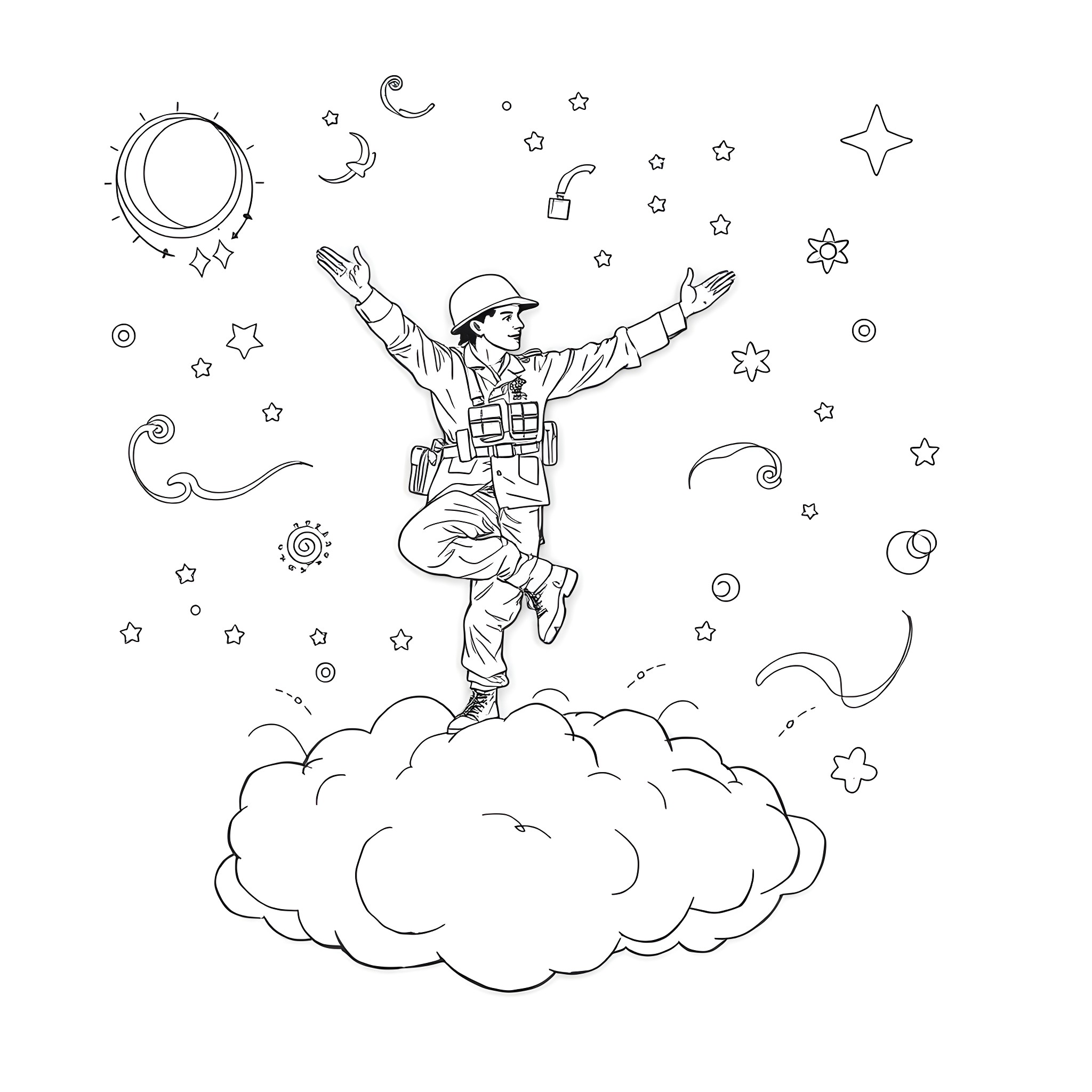 Soldier soaring through the cosmic sky Coloring Page (free black-and-white line drawing printable PDF for all, from beginners to advanced learners, including children, teens, adults, and seniors)