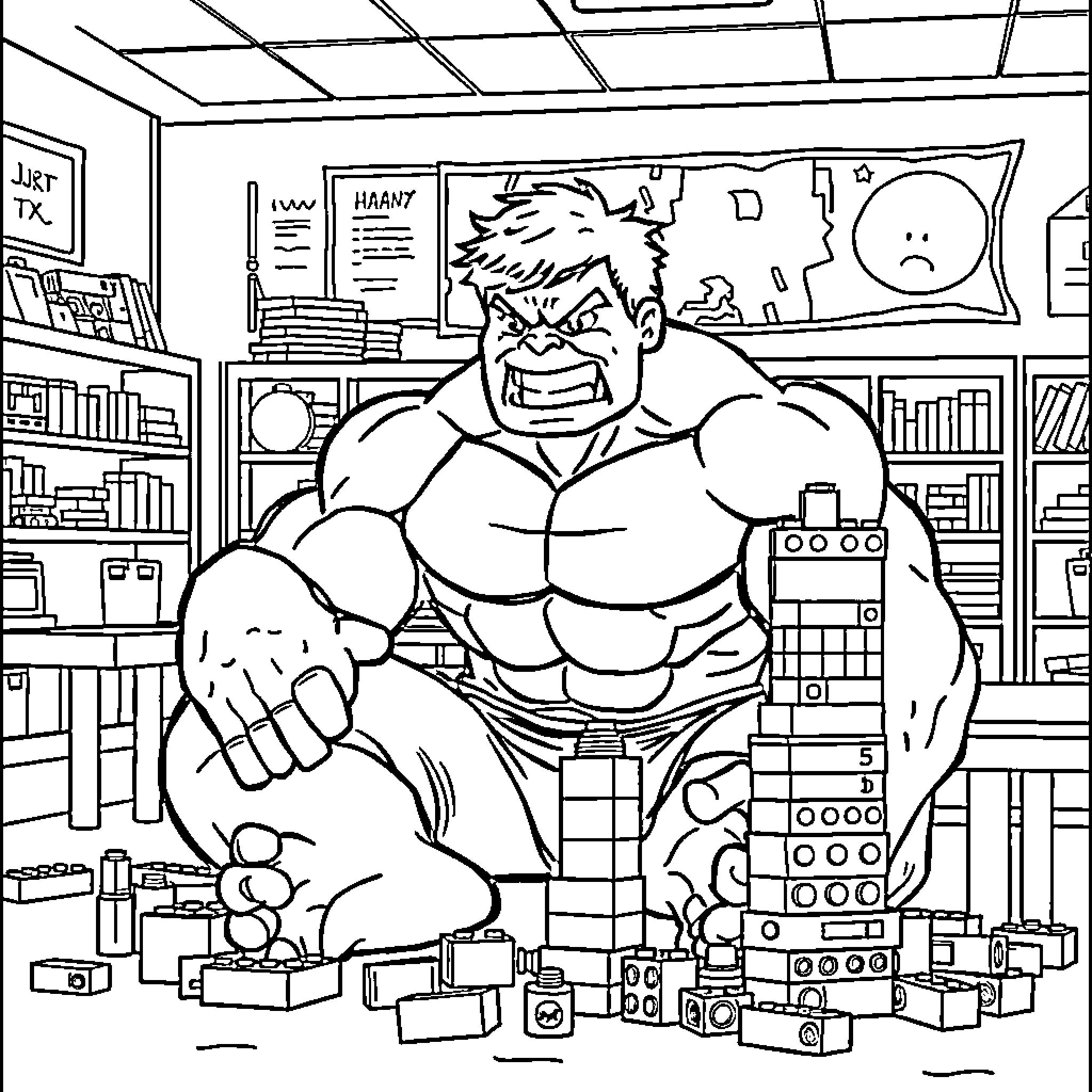 Hulk rampaging through a toy store Coloring Page (free black-and-white line drawing printable PDF for all, from beginners to advanced learners, including children, teens, adults, and seniors)