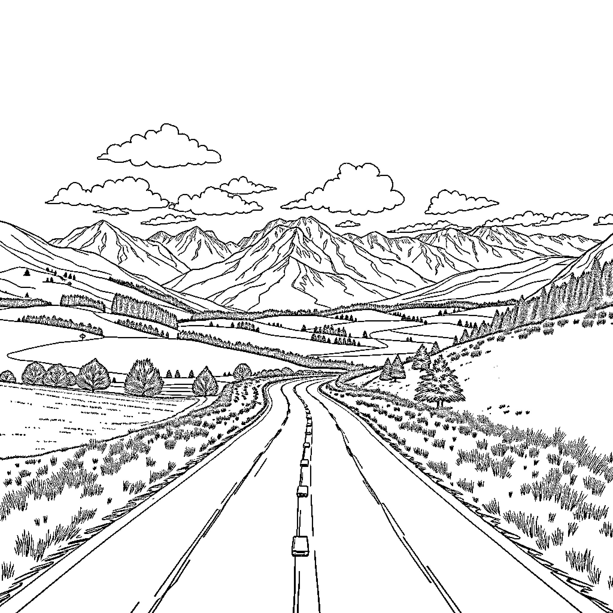 Road winding through scenic mountain landscape Coloring Page (free black-and-white line drawing printable PDF for all, from beginners to advanced learners, including children, teens, adults, and seniors)