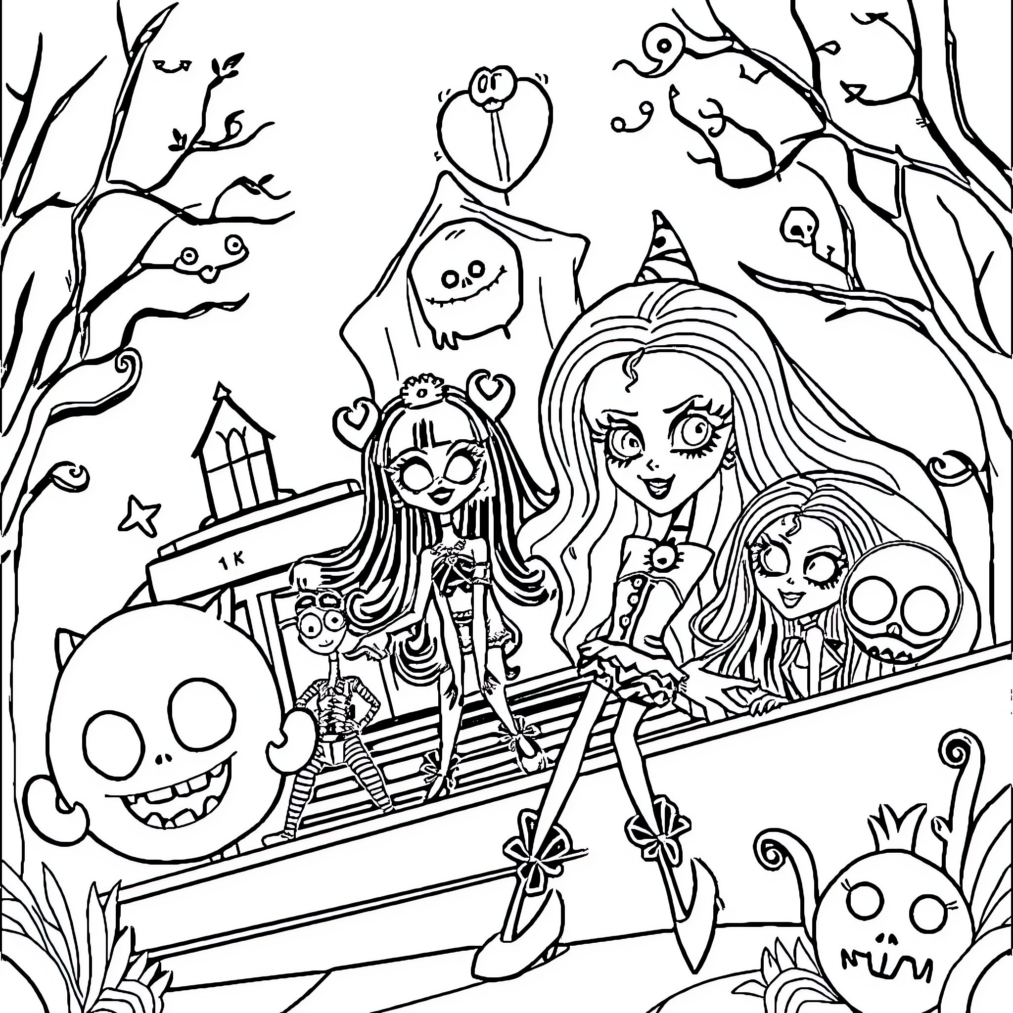 Monster friends exploring a spooky forest Coloring Page (free black-and-white line drawing printable PDF for all, from beginners to advanced learners, including children, teens, adults, and seniors)