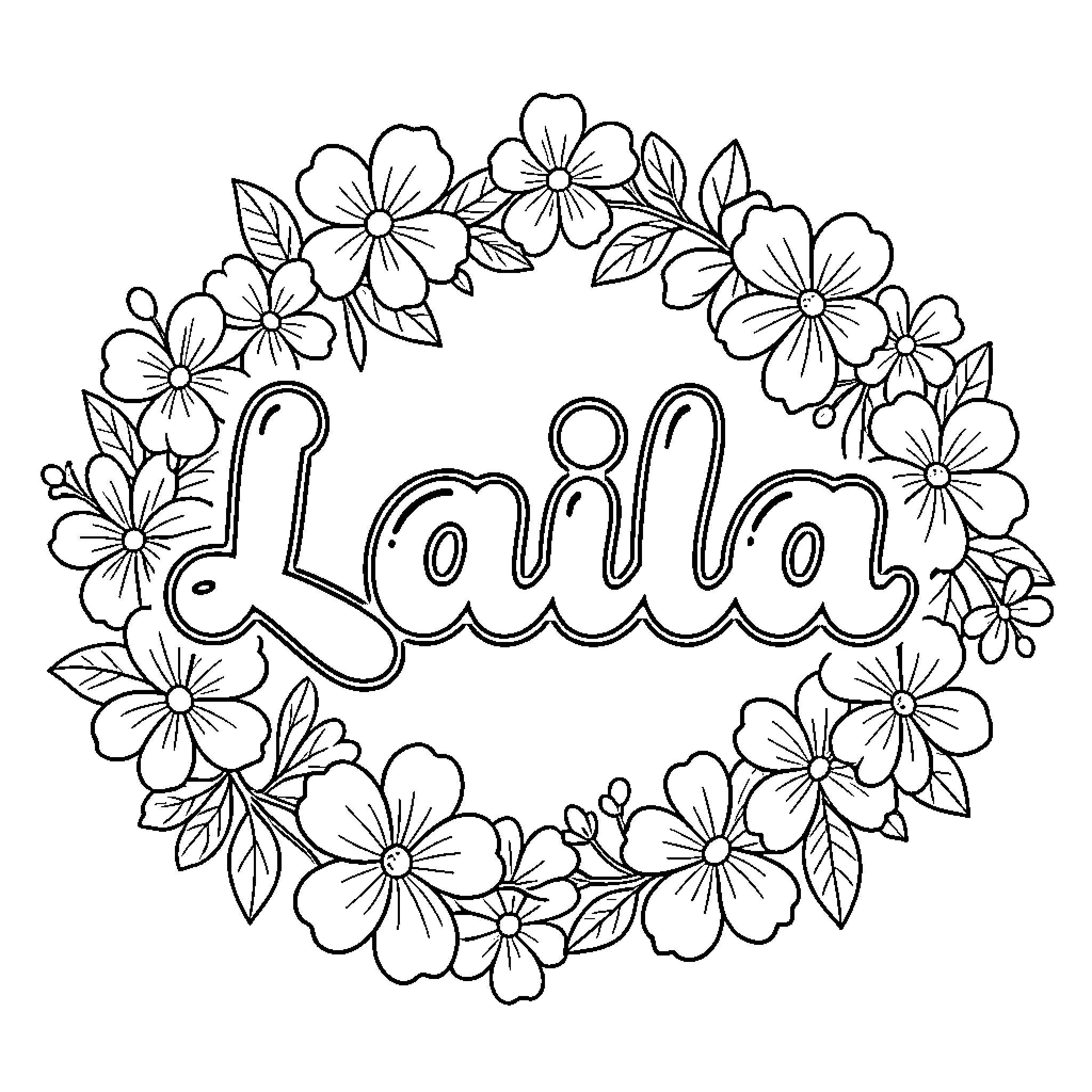 Laila surrounded by a beautiful floral wreath Coloring Page (free black-and-white line drawing printable PDF for all, from beginners to advanced learners, including children, teens, adults, and seniors)