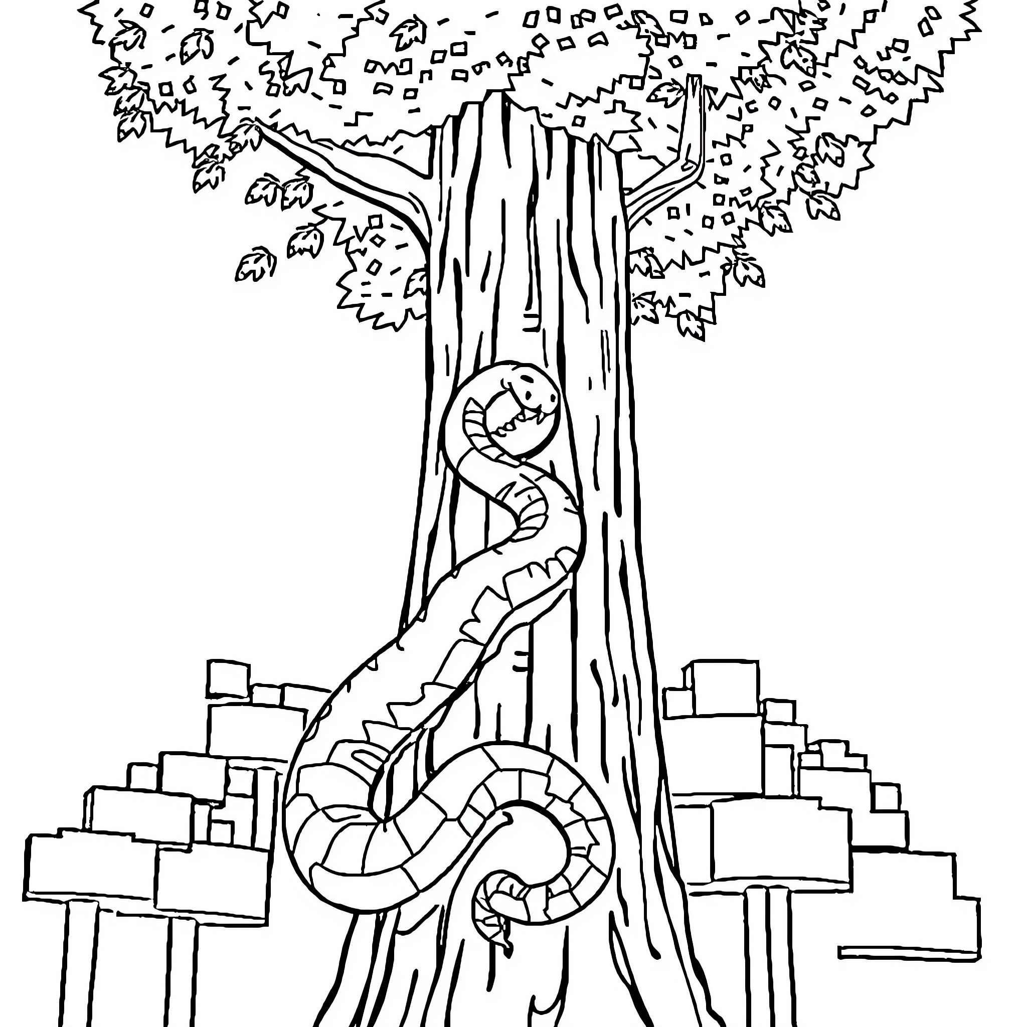 Snake climbing up a tree in a lush forest Coloring Page (free black-and-white line drawing printable PDF for all, from beginners to advanced learners, including children, teens, adults, and seniors)
