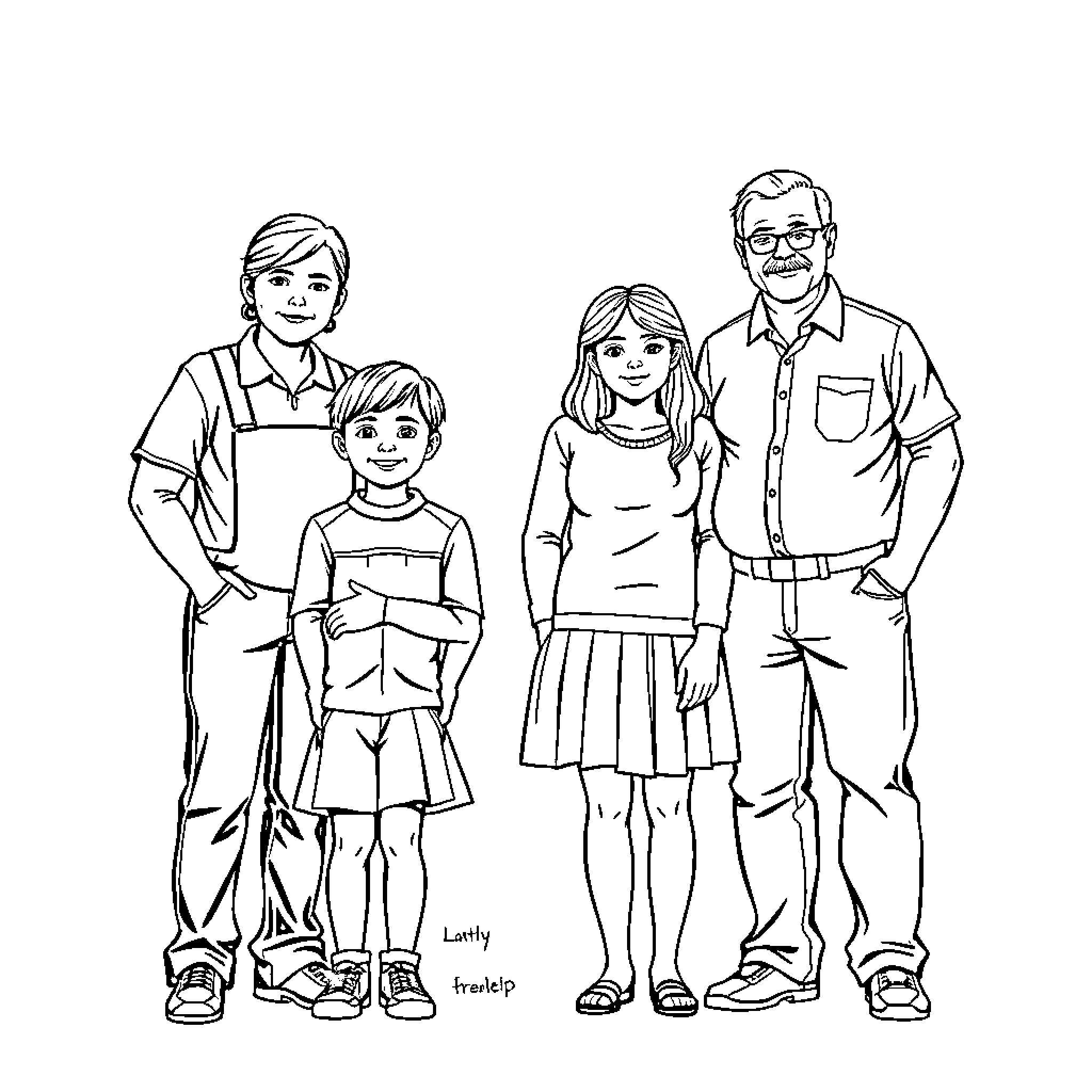 Person with family members in casual outfits Coloring Page (free black-and-white line drawing printable PDF for all, from beginners to advanced learners, including children, teens, adults, and seniors)