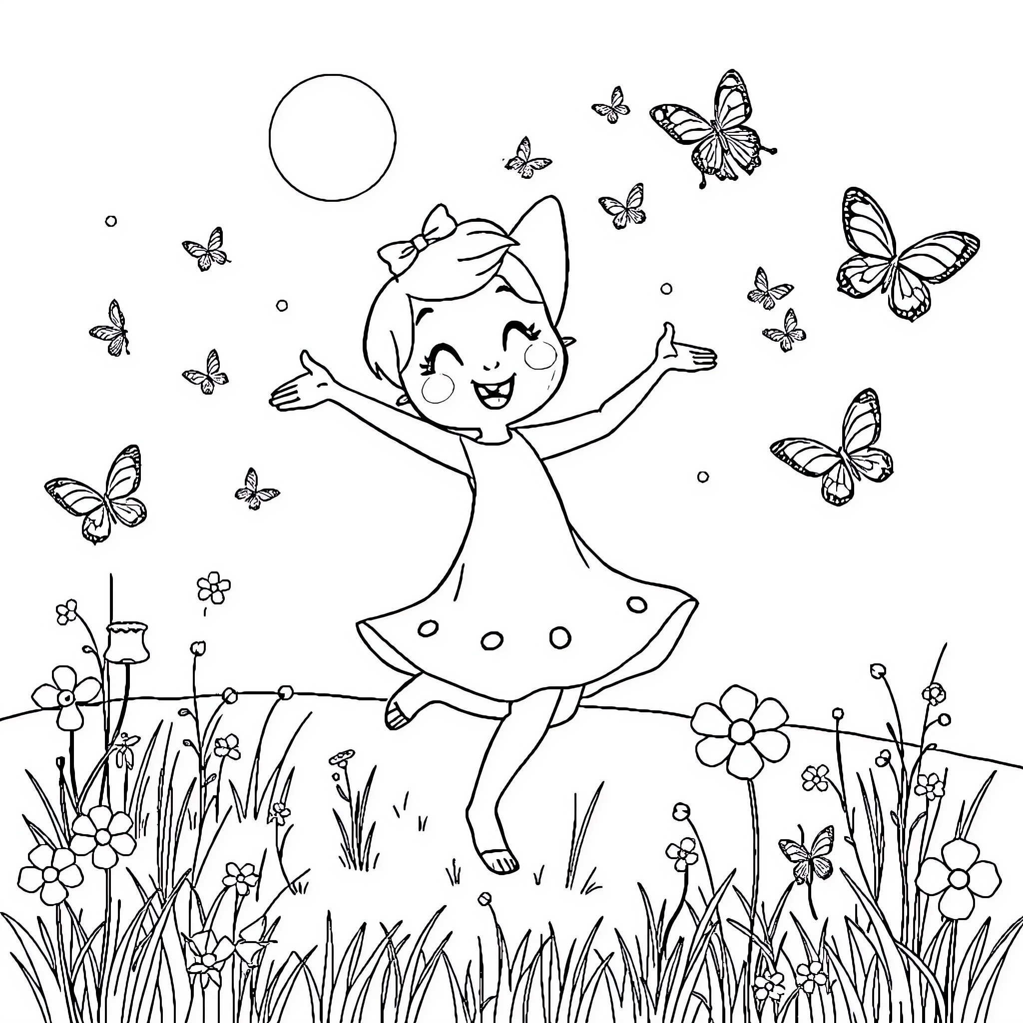 Bluey celebrates with butterflies in a flowery meadow Coloring Page (free black-and-white line drawing printable PDF for all, from beginners to advanced learners, including children, teens, adults, and seniors)