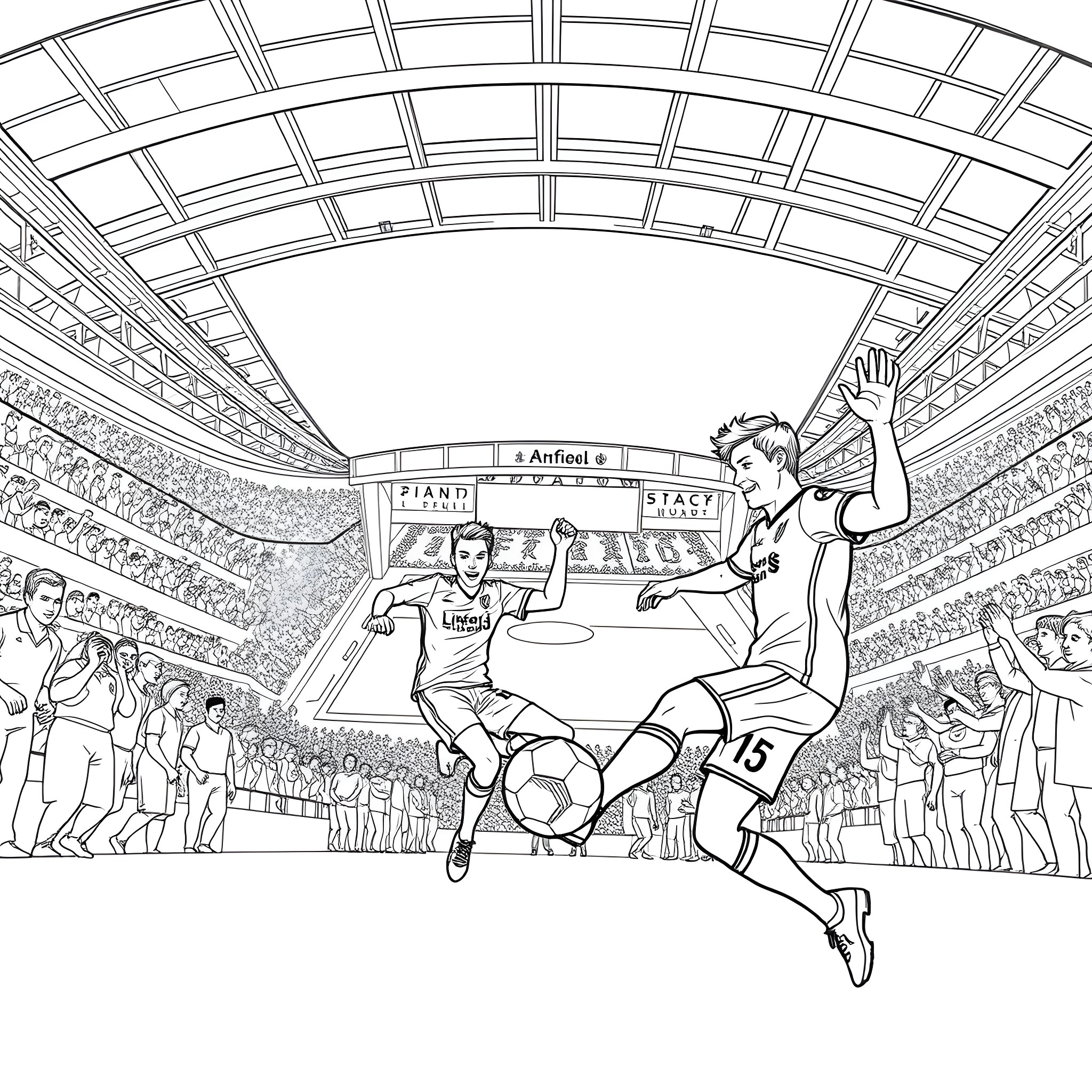 Ant and Dec competing in a high-stakes soccer match Coloring Page (free black-and-white line drawing printable PDF for all, from beginners to advanced learners, including children, teens, adults, and seniors)