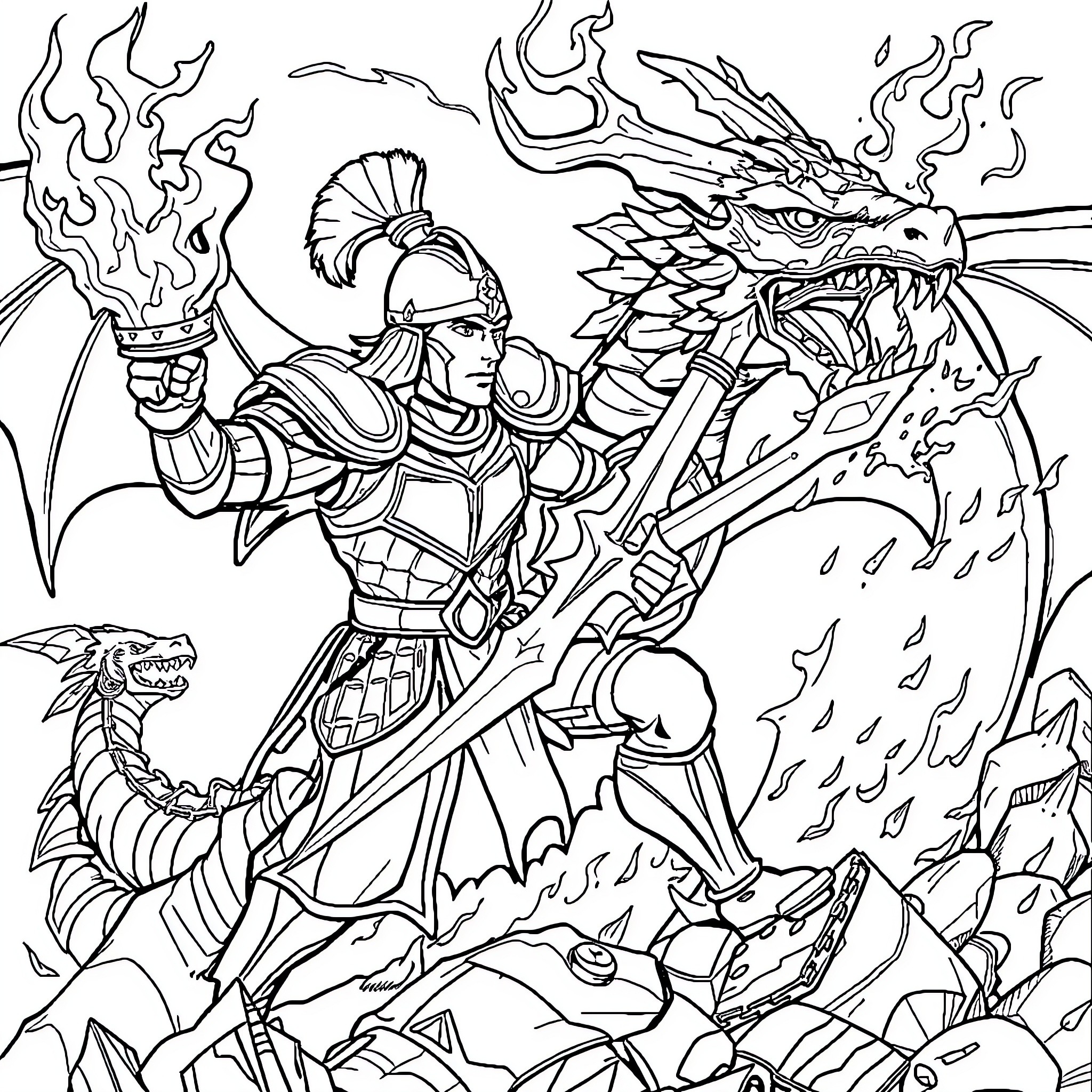 Warrior Battling Fierce Dragon with Fiery Breath Coloring Page (free black-and-white line drawing printable PDF for all, from beginners to advanced learners, including children, teens, adults, and seniors)