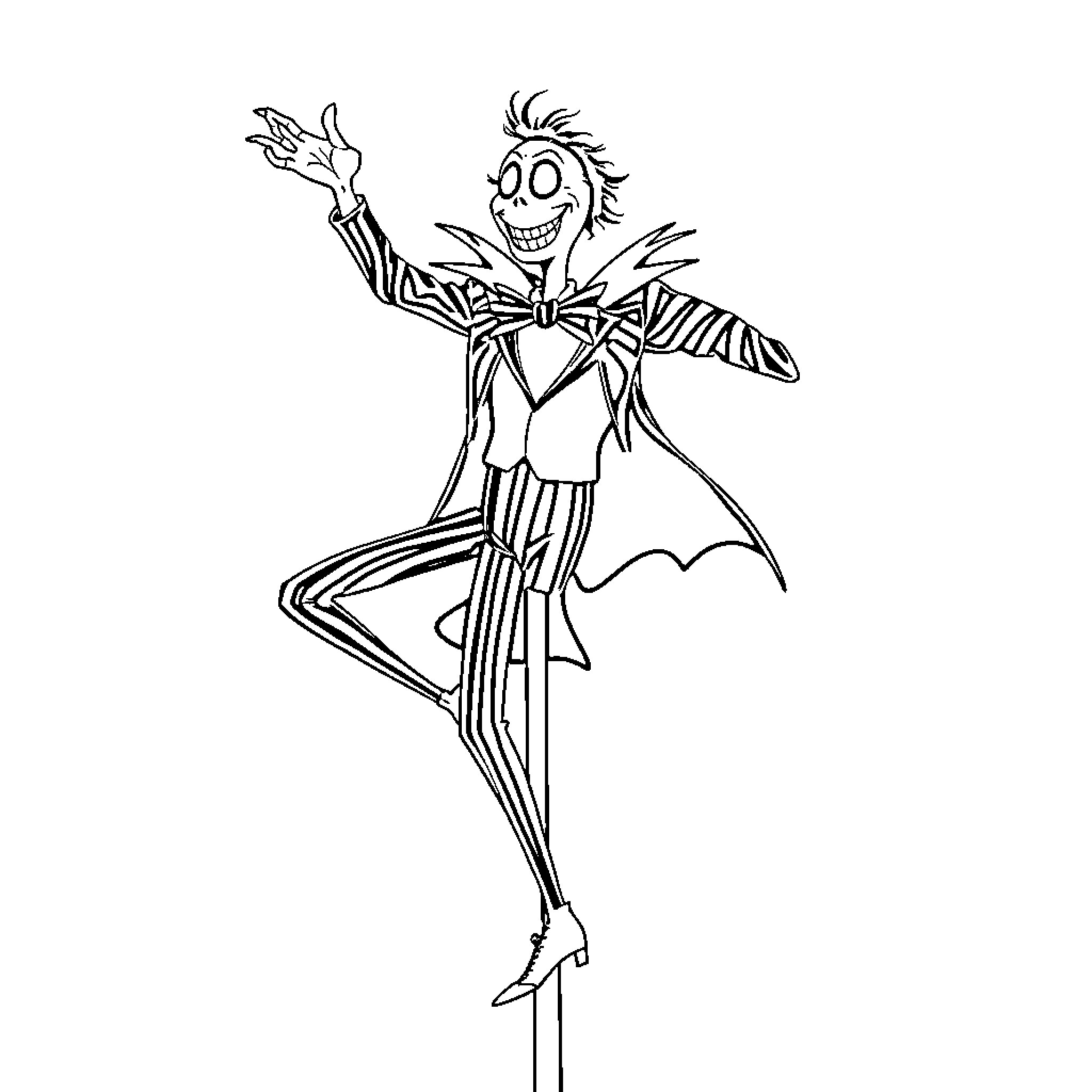 Beetlejuice dancing in eccentric outfit Coloring Page (free black-and-white line drawing printable PDF for all, from beginners to advanced learners, including children, teens, adults, and seniors)