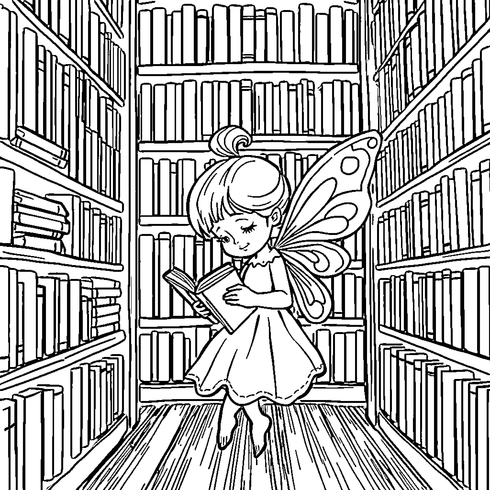 Fairy Reading Enchanted Books in Library Coloring Page (free black-and-white line drawing printable PDF for all, from beginners to advanced learners, including children, teens, adults, and seniors)