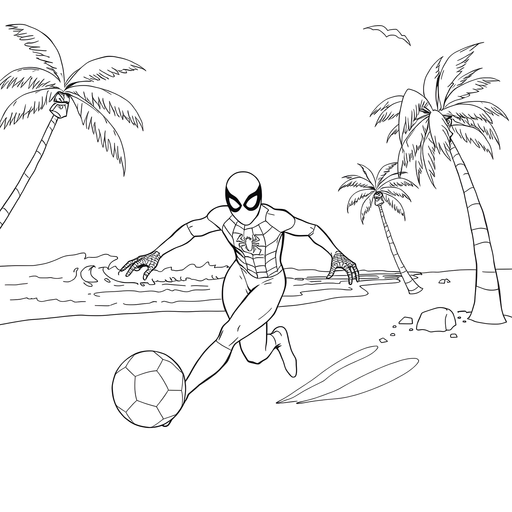 Spider-Man playing soccer on the beach Coloring Page (free black-and-white line drawing printable PDF for all, from beginners to advanced learners, including children, teens, adults, and seniors)