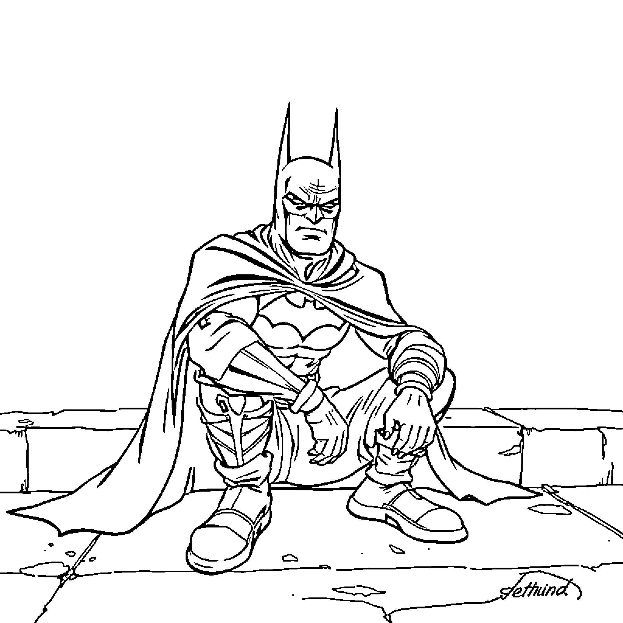 Batman sitting in contemplation on rooftop Coloring Page (free black-and-white line drawing printable PDF for all, from beginners to advanced learners, including children, teens, adults, and seniors)